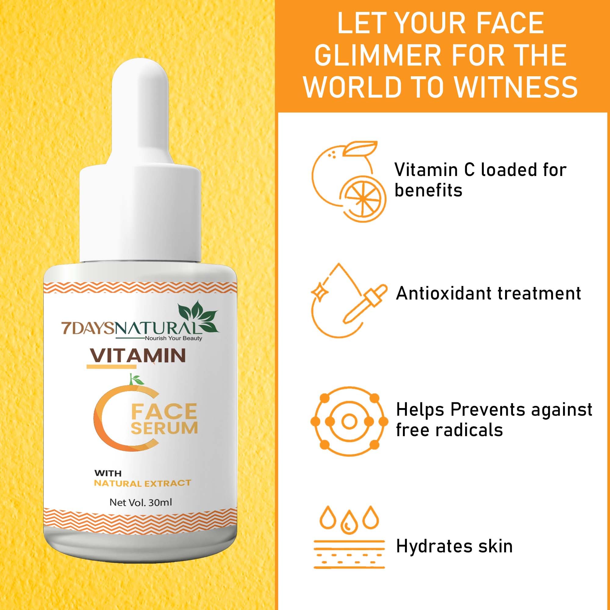 7 DAYS Vitamin C Face Serum with 2% Niacinamide - Brightens Skin Instantly, Reduces Dark Spots & Hyperpigmentation | Anti-Aging Facial Treatment for Glowing Skin | Day & Night Use for All Skin Types