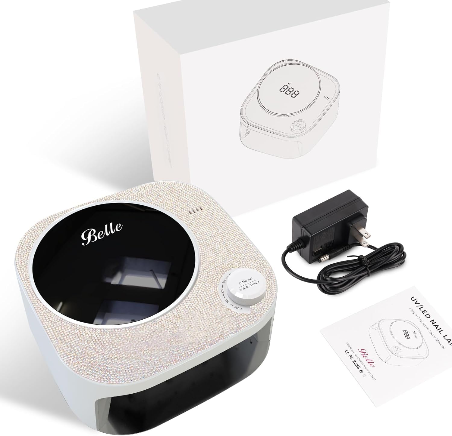 Belle UV LED Nail Lamp for Gel Nails - 4 Timer Settings, Fast Drying Nail Dryer with Sparkling Rhinestones - Perfect for Home Manicures, Nail Salons & DIY Nail Art