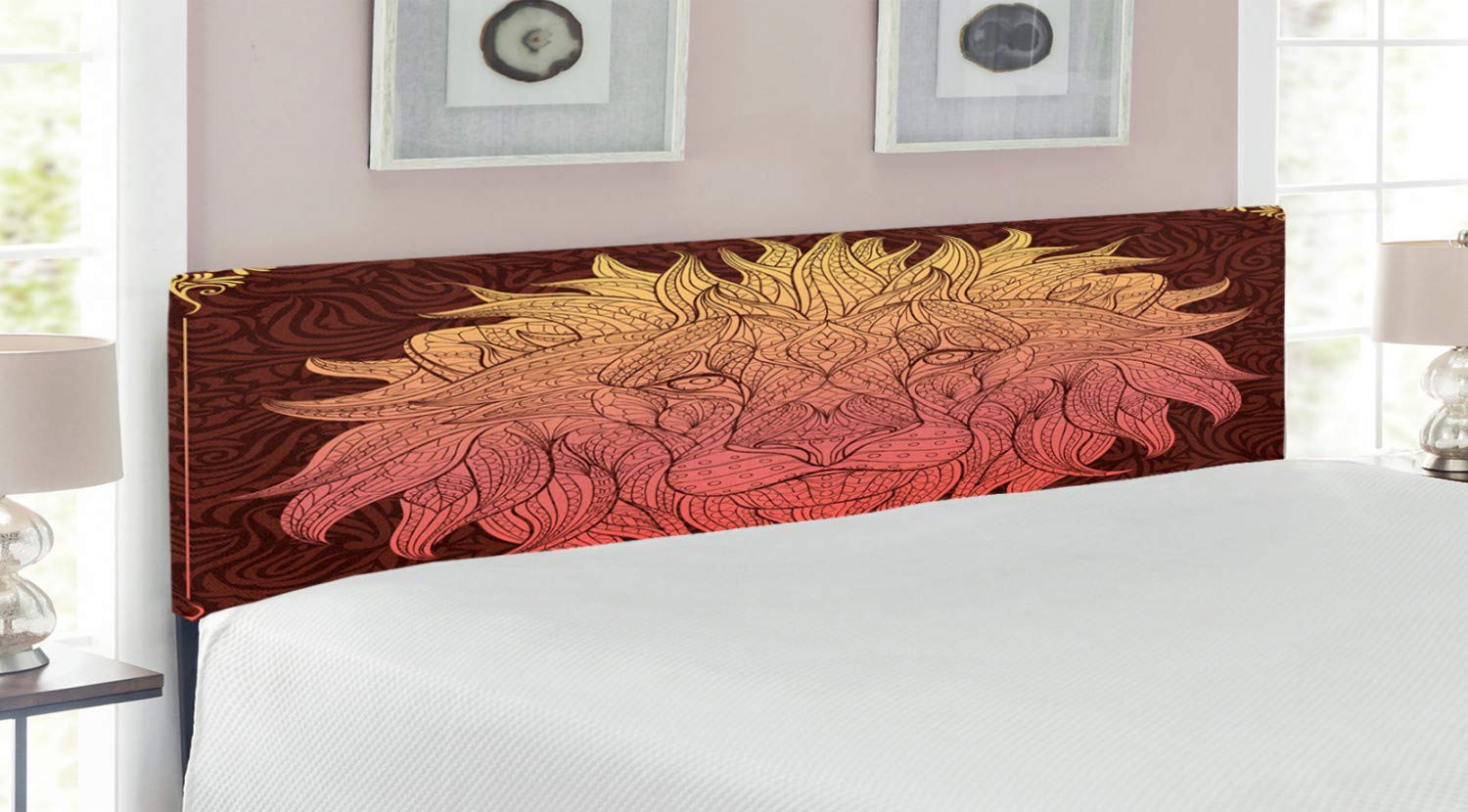 Ambesonne Savannah King Size Upholstered Headboard - Ornate Lion & Digital Totem Zoo Wild Bohemian Pattern, Decorative Metal Frame with Memory Foam in Yellow Maroon | Perfect for Bohemian & Safari Theme Bedrooms, Guest Rooms & Dorm Decor