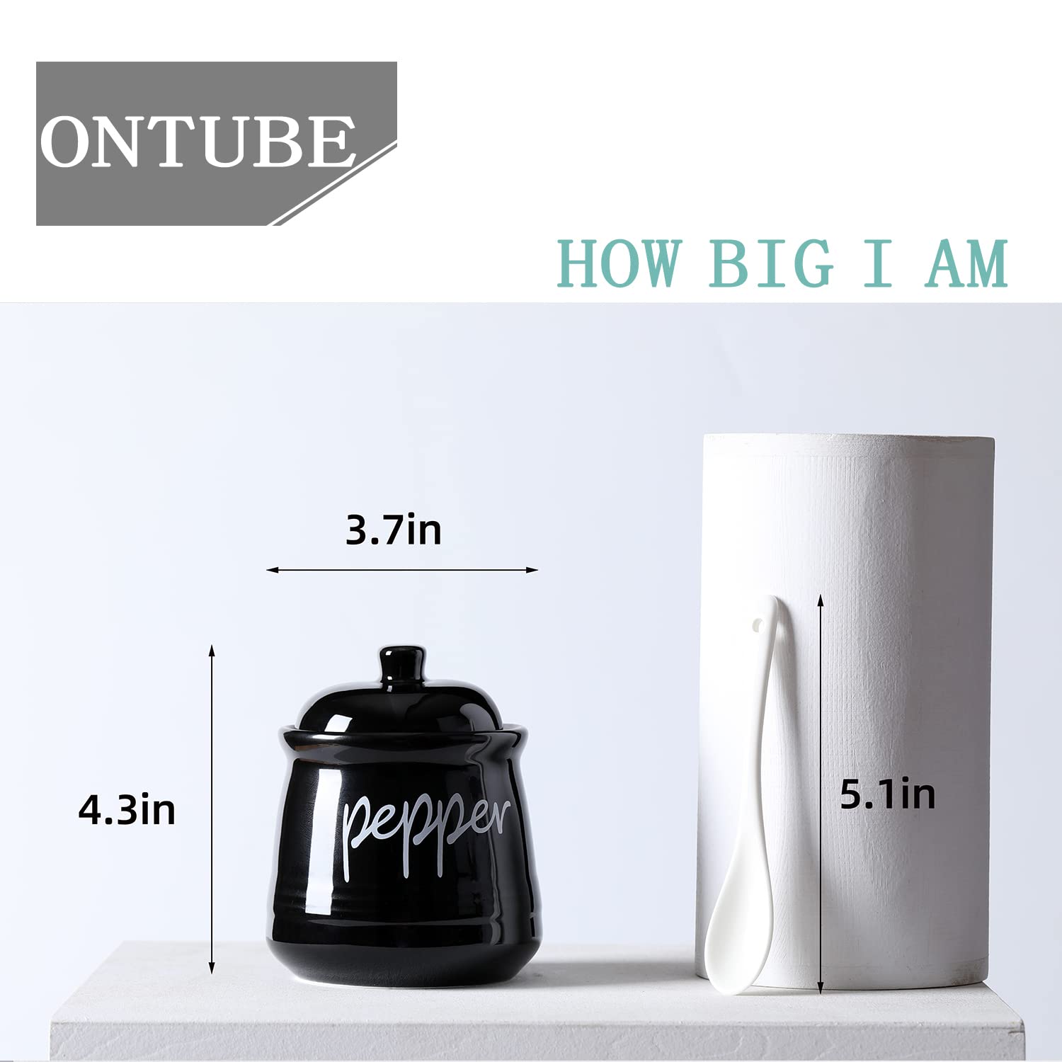 ONTUBE 12oz Ceramic Salt and Pepper Shakers with Lid & Spoon - Airtight Spice Containers for Kitchen, Dining Table, and Picnic Use (Black)