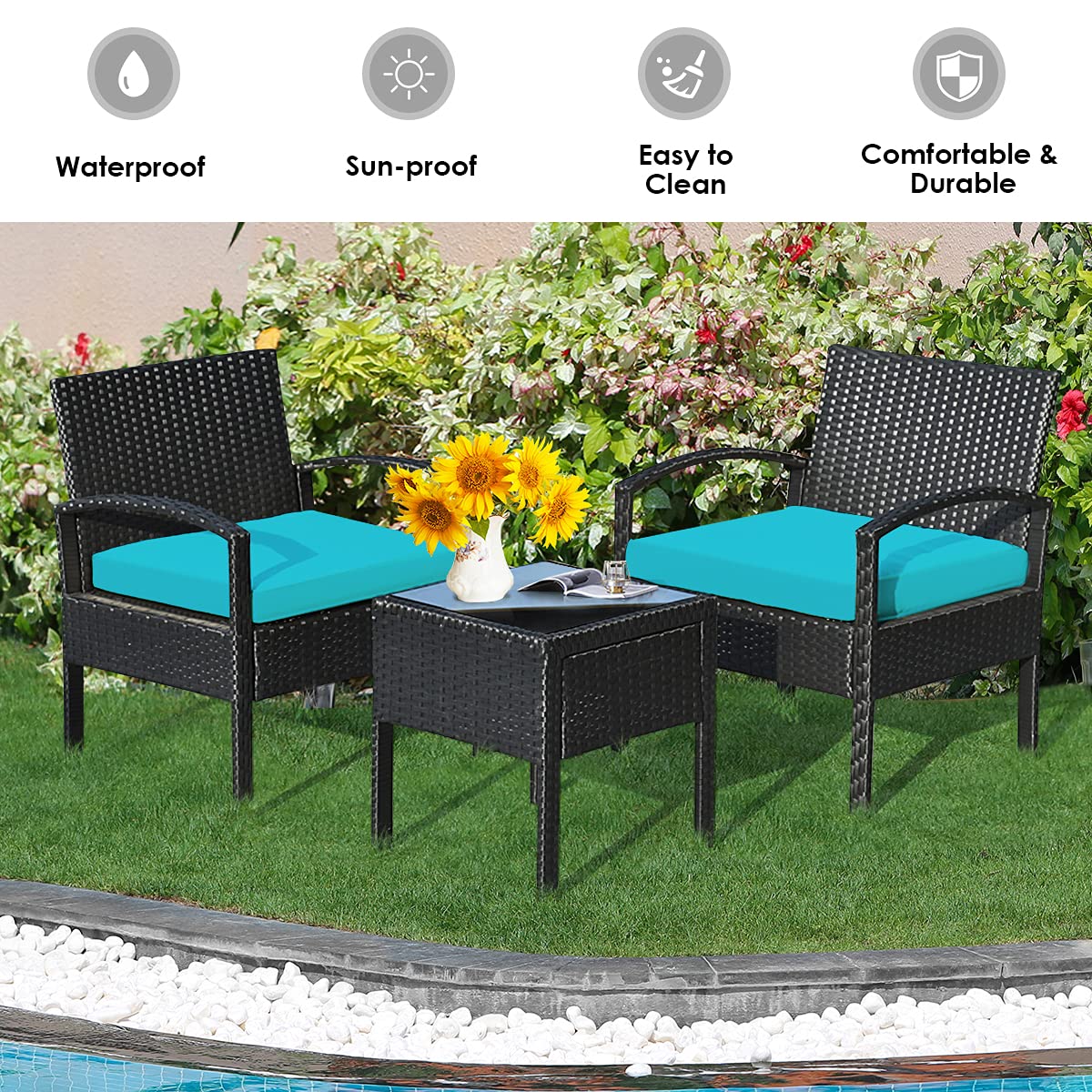 HappyGrill 3-Piece Patio Conversation Set - Outdoor Wicker Rattan Furniture with Cushions, Coffee Table & Chairs - Modern Bistro Set for Garden, Balcony, Backyard, Porch & Poolside Relaxation