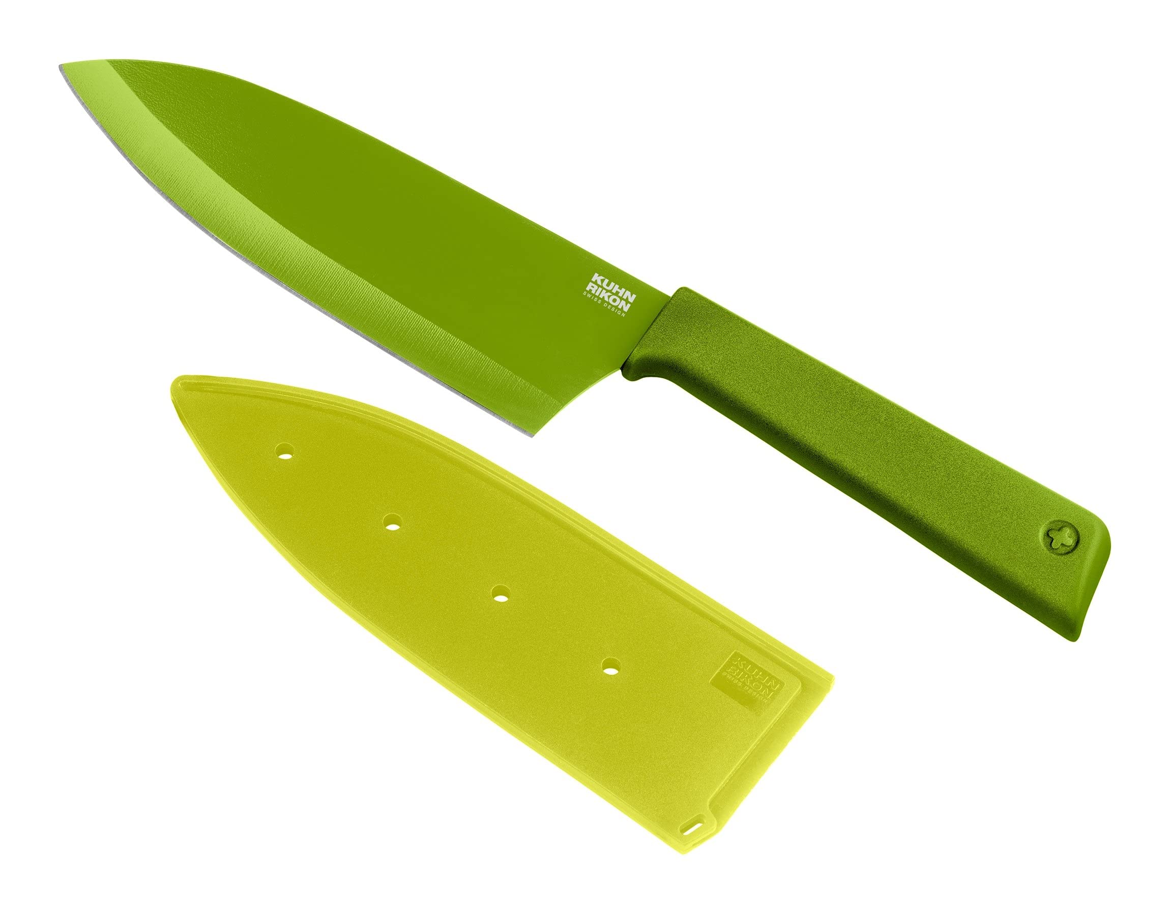 KUHN RIKON Colori+ 8.7-Inch Non-Stick Santoku Knife with Safety Sheath - Premium Kitchen Knife for Chopping, Slicing & Dicing - Perfect for Home Chefs & Professional Cooking - Green