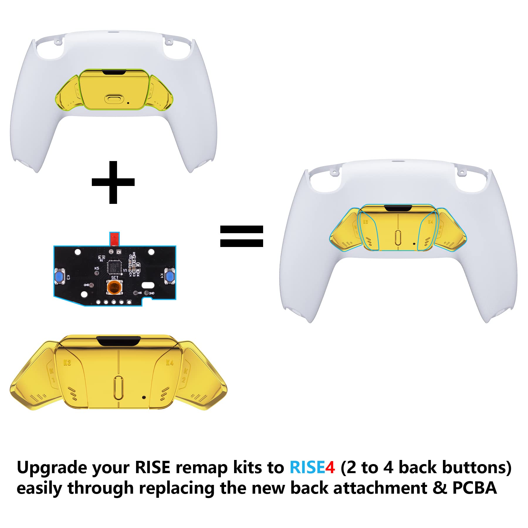 eXtremeRate RISE4 Replacement Back Buttons & Remap Board for PS5 Controller - Chrome Gold | Customizable K1 K2 K3 K4 Back Paddles & PCBA Board (Not Full RISE4 Kit) | Perfect for Competitive Gaming & Enhanced Controller Performance