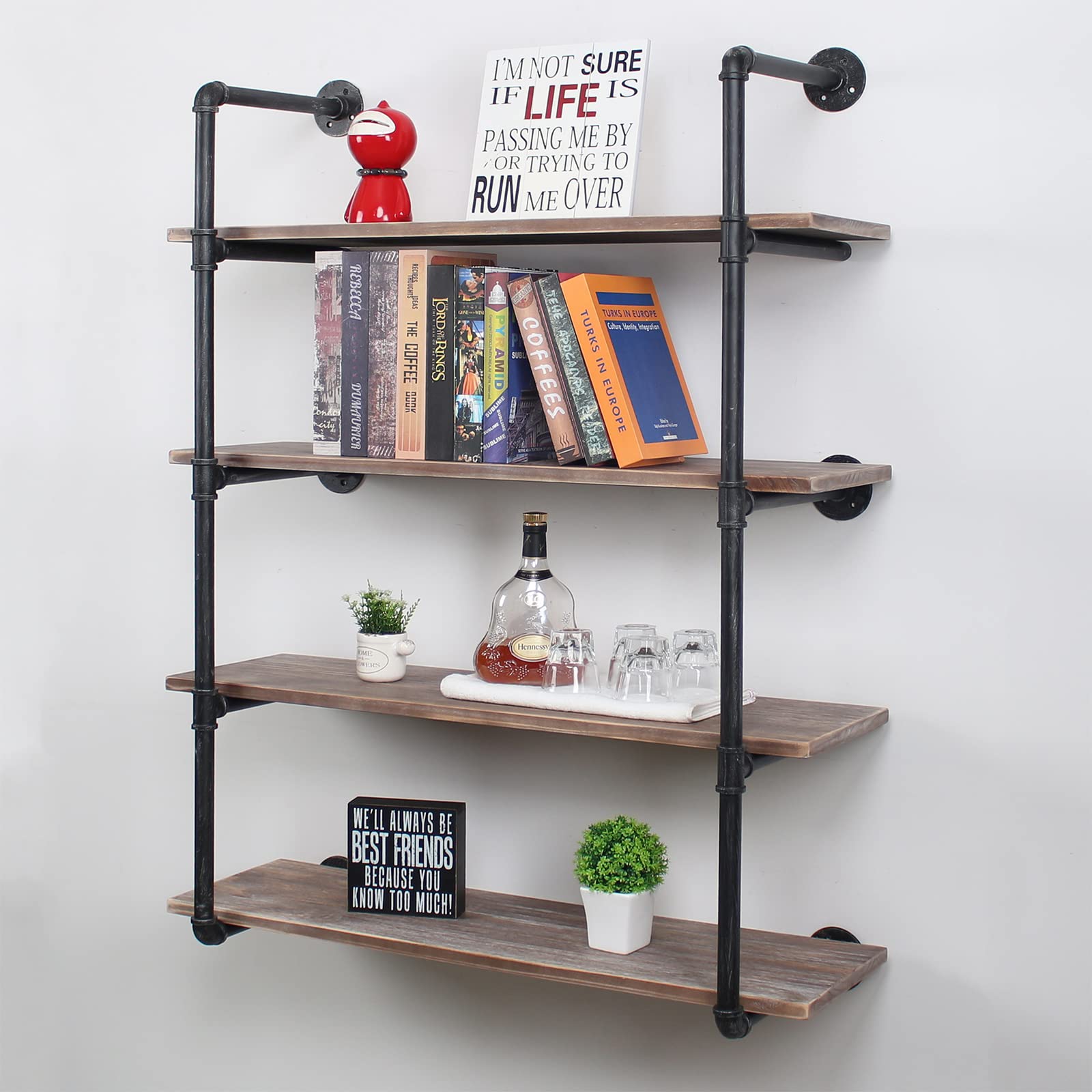 48in Industrial Pipe Shelving Wall Mounted - Rustic Metal Floating Shelves for Farmhouse Kitchen, Bar, Living Room & Office (4 Tier Storage Shelf) - Perfect for Displaying Decor, Books & Organizing Spaces
