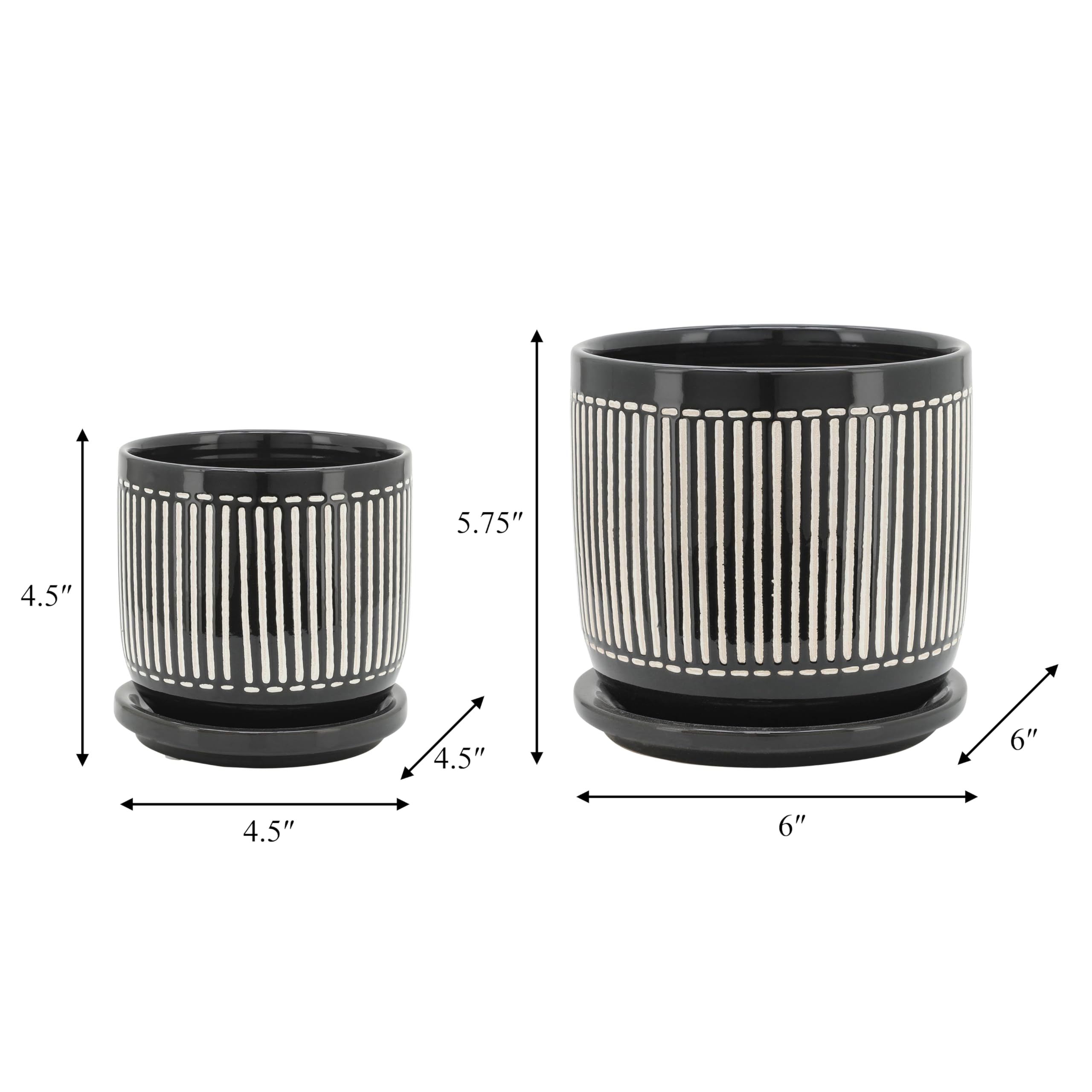 Modern Ceramic Planter Set with Saucers - Durable Stoneware Indoor Outdoor Plant Pots - Striped Design Flower Pots for Home Garden Decor - Set of 2 Black - Perfect for Living Room, Patio, and Office Decor