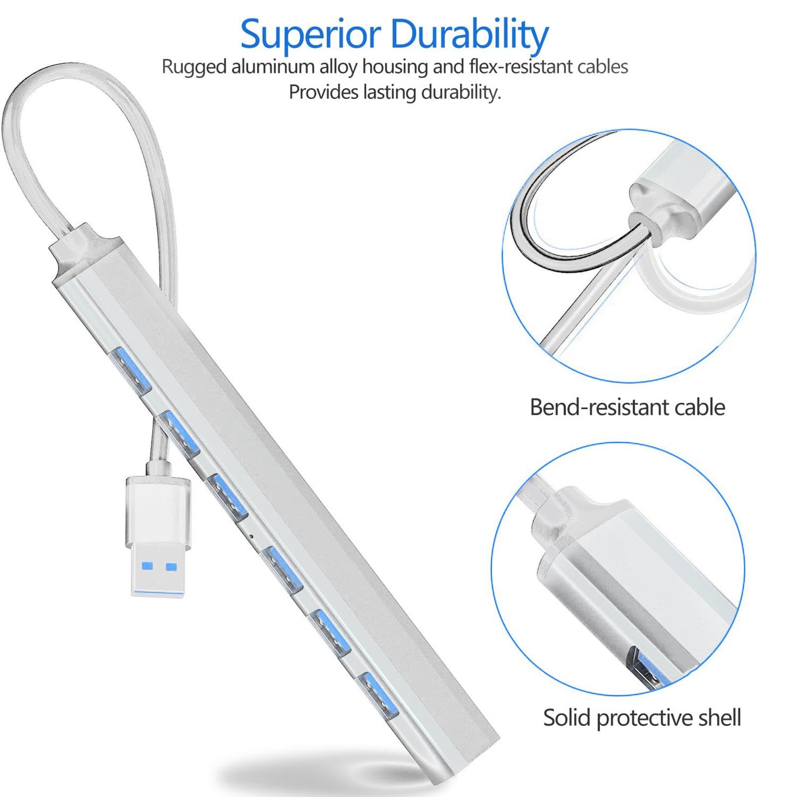 High Speed USB Hub Splitter - Ultra Slim Multiport Dongle Extender for Laptop Docking Station, PC, Flash Drive - Perfect for Home Office, Gaming, and Travel