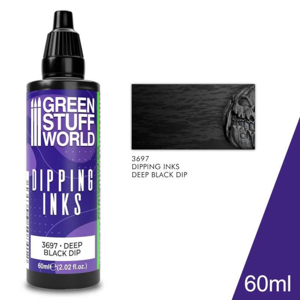 Green Stuff World Dipping Ink 60ml - Deep Black (3697) for Miniature Painting, Model Detailing & Calligraphy | Fast-Drying Alcohol-Based Ink for Warhammer, D&D & Scale Models