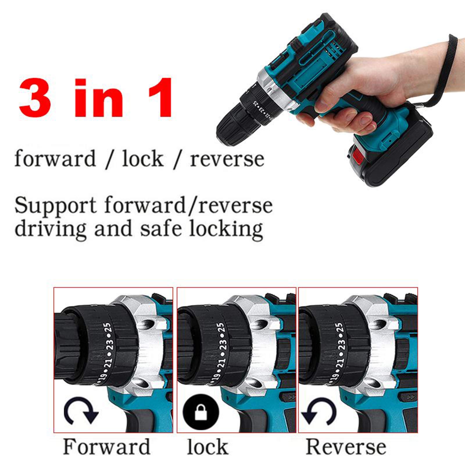 48V Cordless Drill Driver Kit - 25+3 Speed Electric Impact Drill with 3 Functions, Rotary Hammer & Built-in LED - Includes 2 Batteries for DIY Projects & Home Repairs