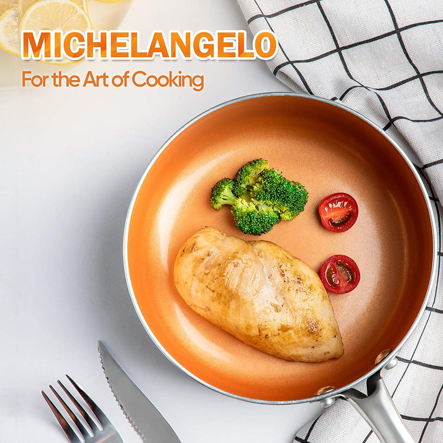 MICHELANGELO 12 Inch Nonstick Copper Frying Pan with Lid - Ceramic Coated Skillet, Induction Compatible Cookware for Sauteing, Frying & Cooking - Perfect for Home Kitchen & Professional Use