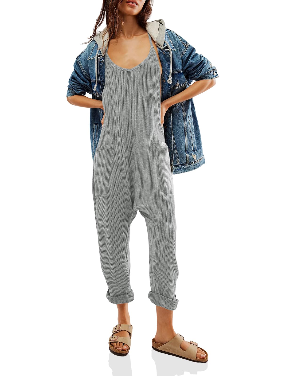 Cicy Bell Women's Casual Sleeveless Waffle Jumpsuit - Loose Fit Knit Romper with Spaghetti Straps & Pockets | Summer Outfits, Beach Cover-Up, Lounge Wear, Travel Essentials