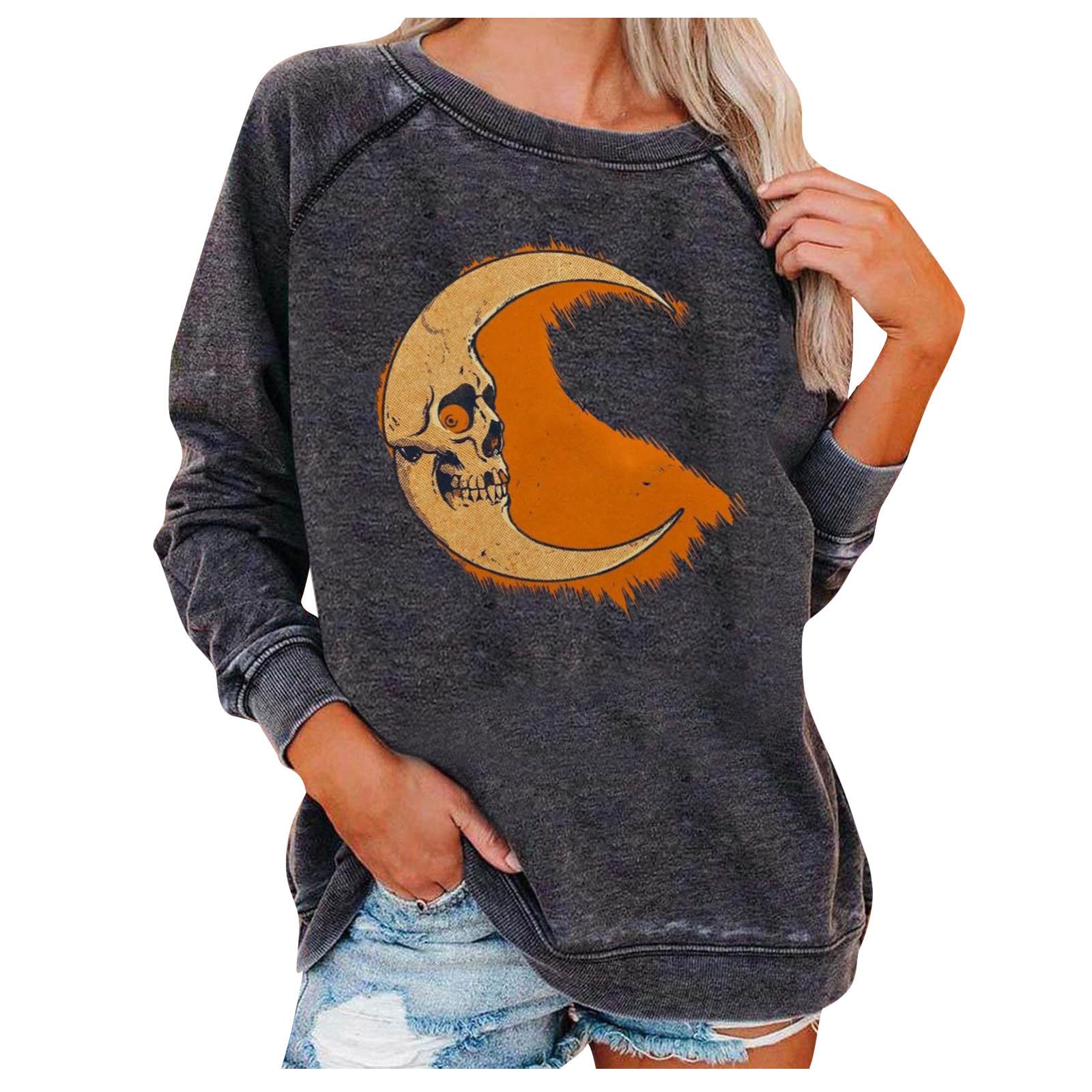PIMOXV Women's Grunge Halloween Sweatshirt - Long Sleeve Crewneck Gothic Blouse with Skull & Moon Graphic - Perfect for Halloween Costumes, Gothic Fashion & Streetwear