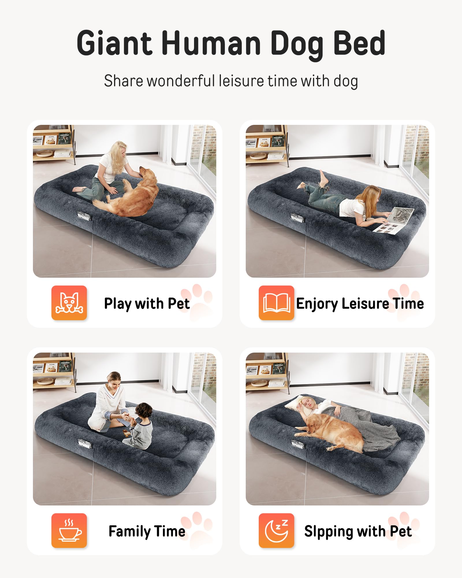 YEFU Extra Large Human Dog Bed 78.7x44.8x11.8 Inches - Washable Cover & Anti-Slip Bottom - Giant Floor Bed for Adults, Pets, Napping & Lounging - Dark Grey - Perfect for Living Rooms, Bedrooms & Pet-Friendly Spaces