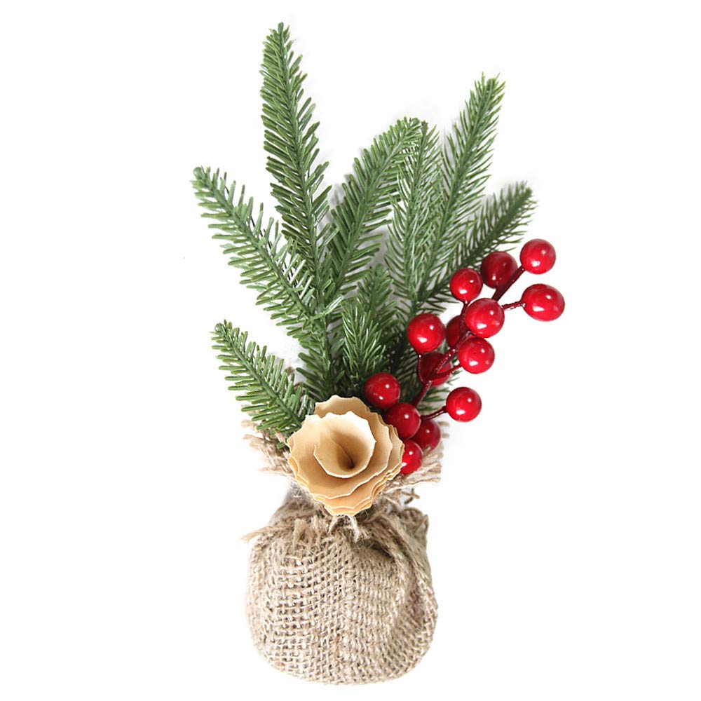Mini Christmas Tree Berry Cedar Branch with String Lights - Small Desk Decor, Home Ornament, Holiday Gift Display - Perfect for Christmas Party, Office, Mantel & Festive Decorations