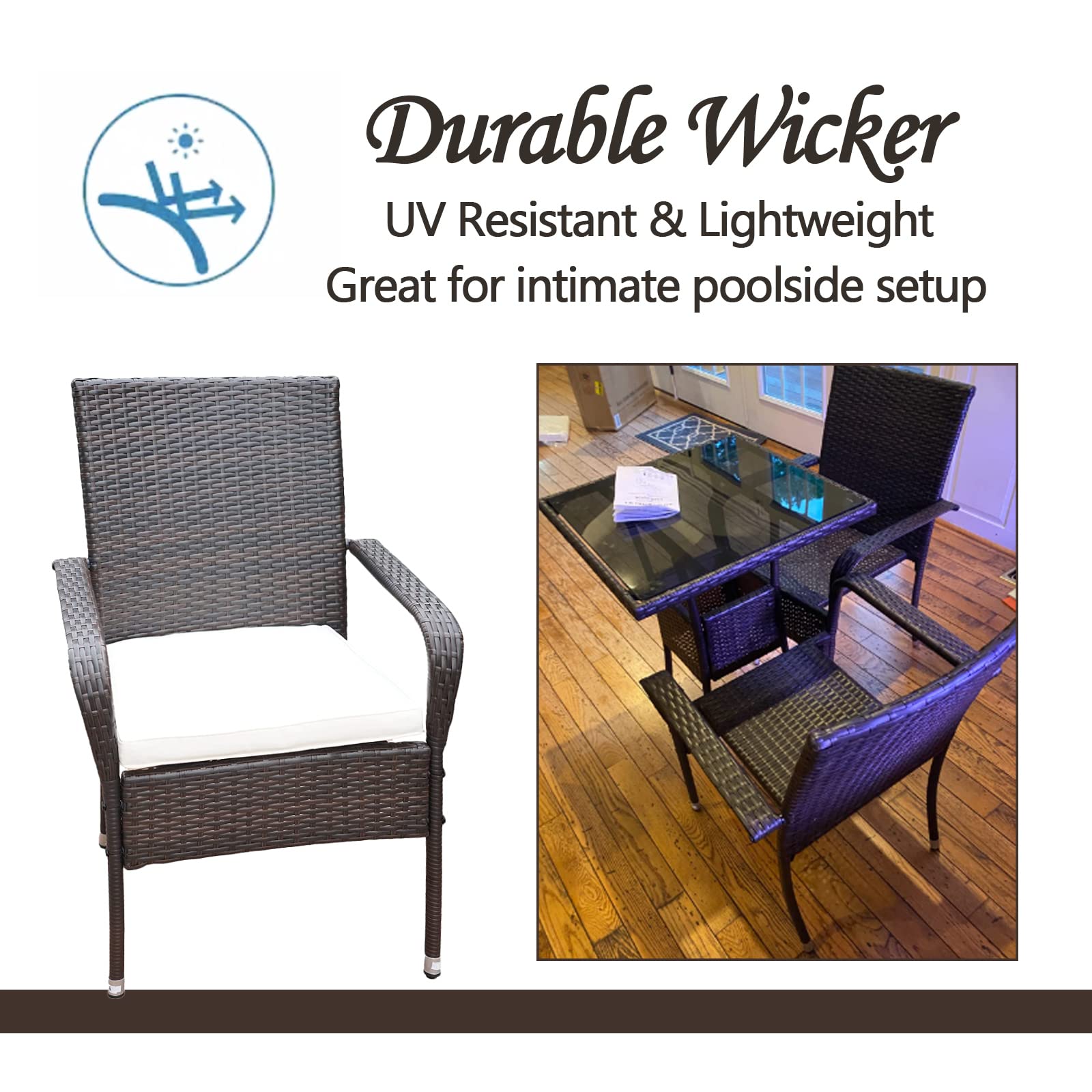 2-Person Outdoor Bistro Table Set - Weather-Resistant Wicker Patio Dining Table & Chairs for Balcony, Deck, Garden, Lawn & Small Spaces - Perfect for Couples, Coffee Dates & Al Fresco Dining
