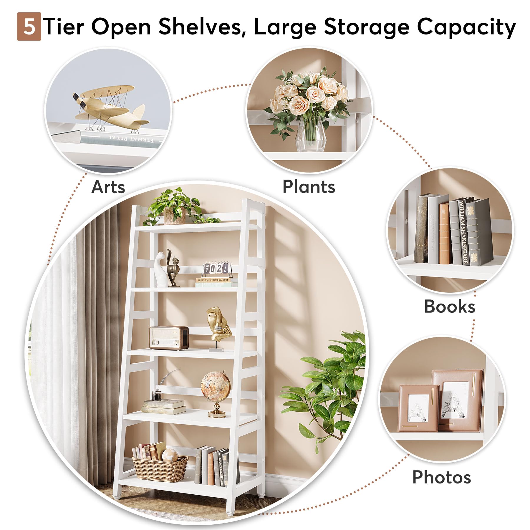 Tribesigns 5-Tier Bookshelf - Modern Ladder Bookcase with 5 Shelves, Sturdy Book Storage Organizer for Living Room, Home Office & Bedroom - Perfect for Displaying Books, Decor & Plants (White)