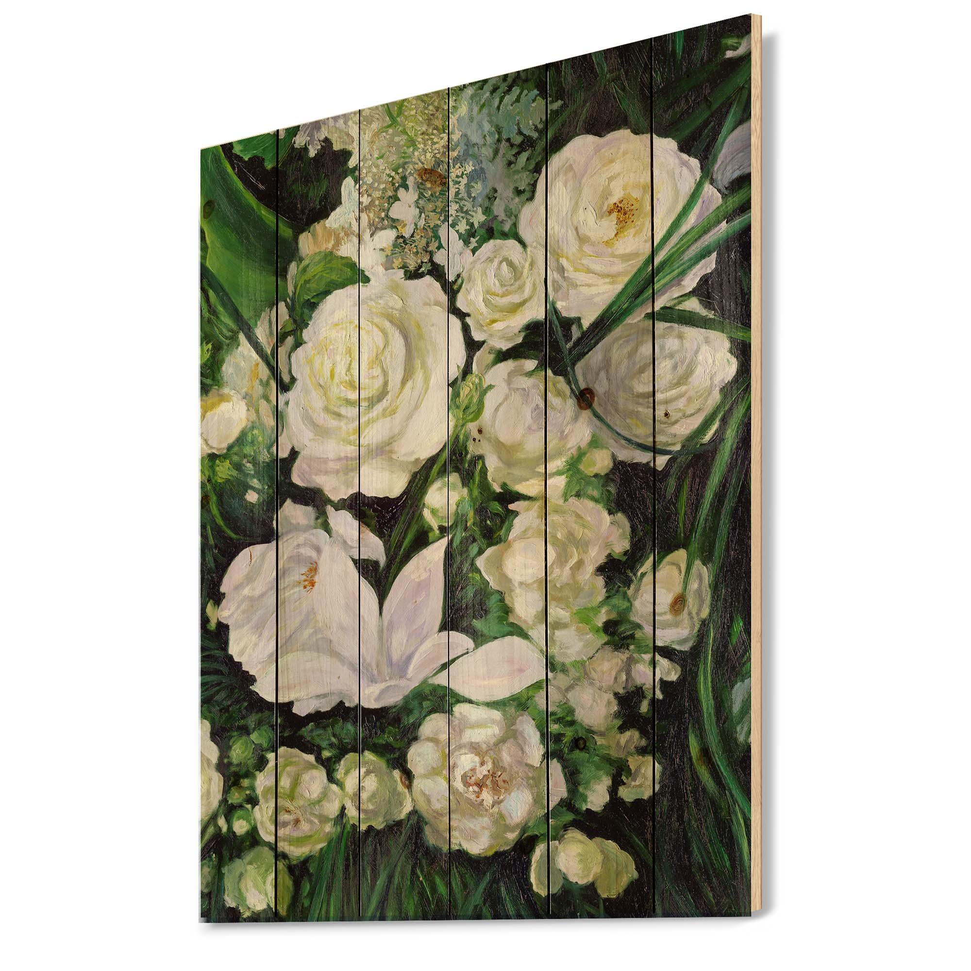 DesignQ White Roses Wood Wall Decor - Large Floral Wall Art Panel Printed on Natural Pine Wood - Perfect for Living Room, Bedroom, and Home Office Decoration