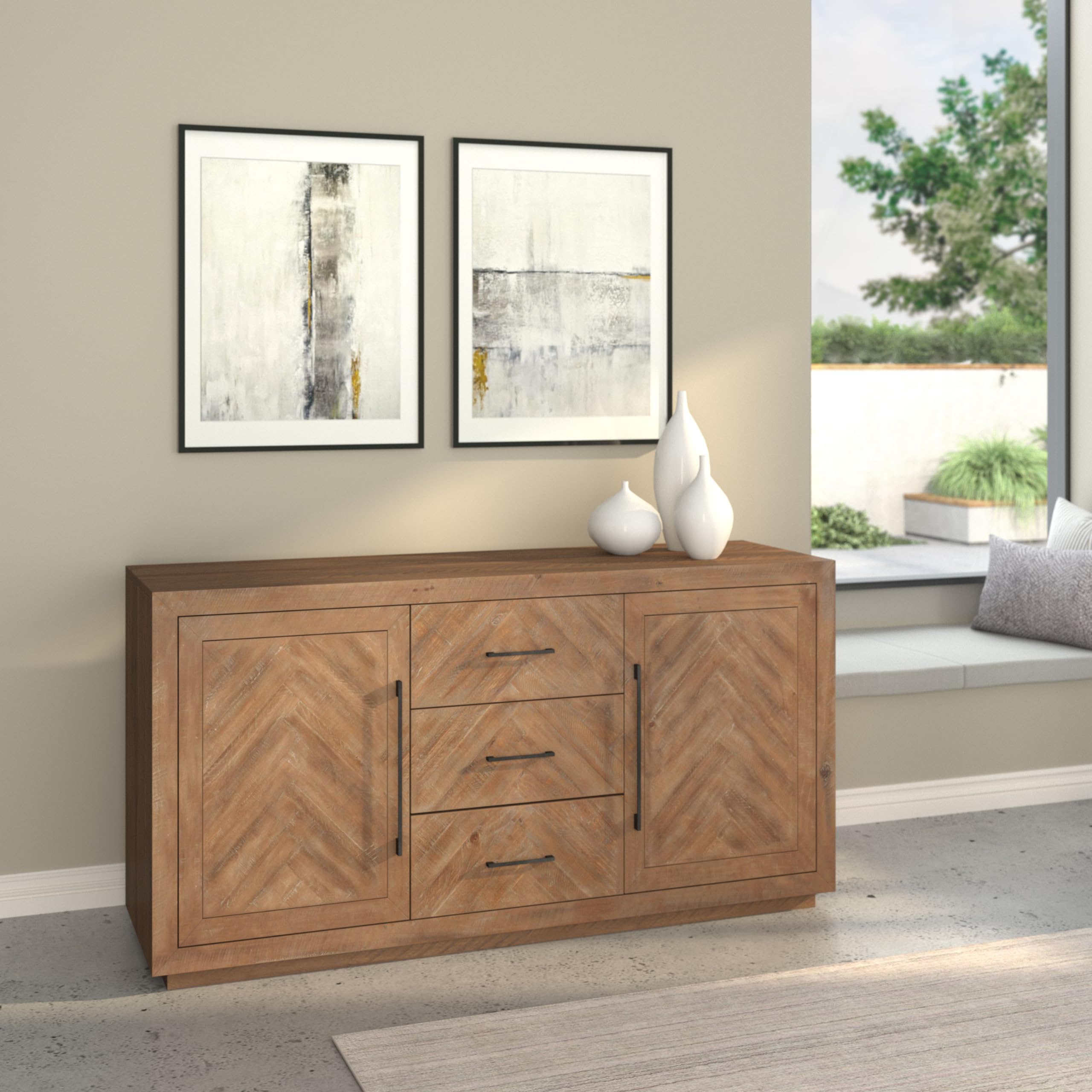 Alpine Furniture Aiden Sideboard - Natural Wood Buffet Cabinet for Dining Room, Living Room & Entryway Storage | Modern Farmhouse Style Sideboard with Adjustable Shelves