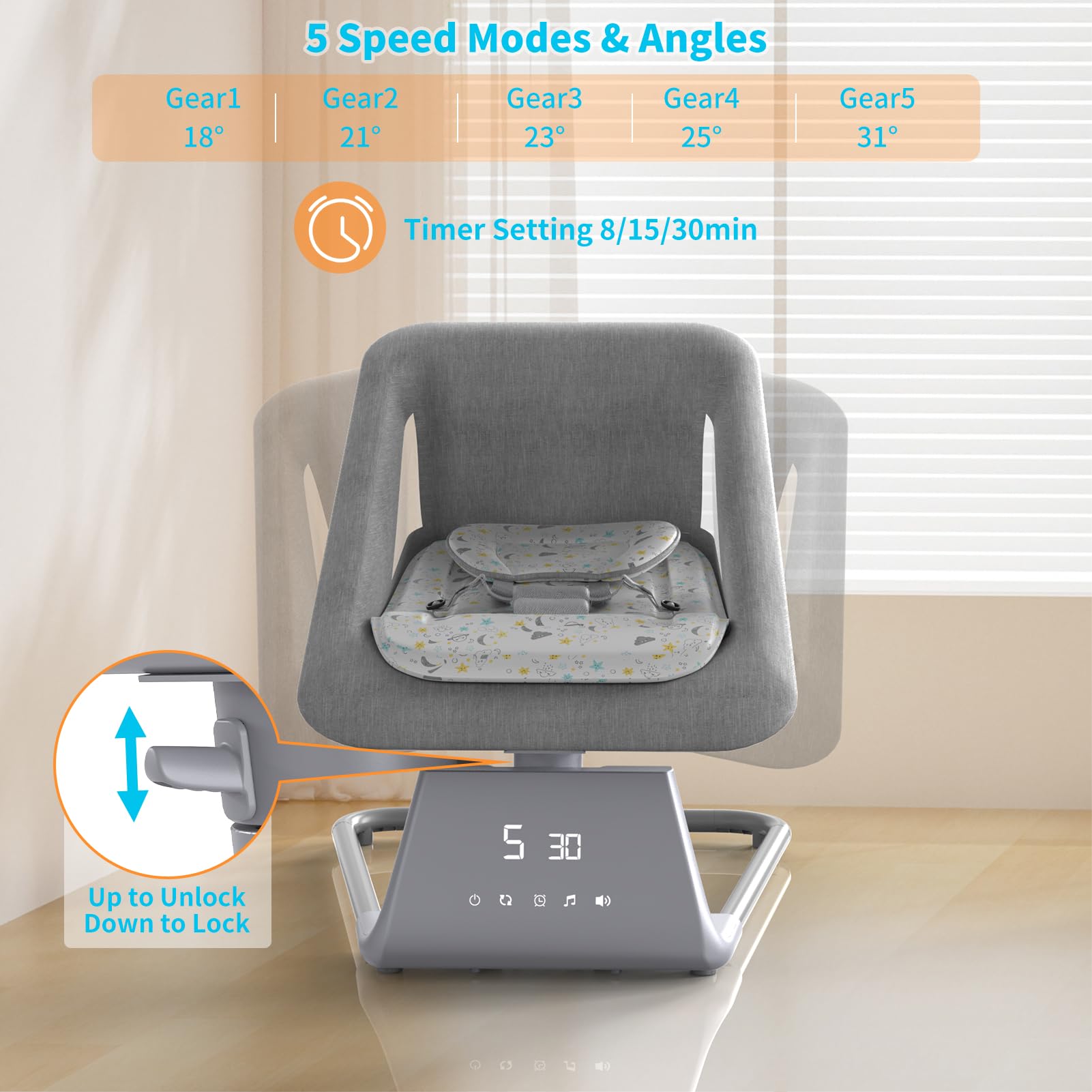 Electric Baby Swing & Rocker with Bluetooth, Remote Control & 11 Lullabies – Adjustable 5-Speed Infant Bouncer for Newborns to Toddlers (Baby Boy & Girl) – Perfect for Nursery, Daycare & Soothing Fussy Babies