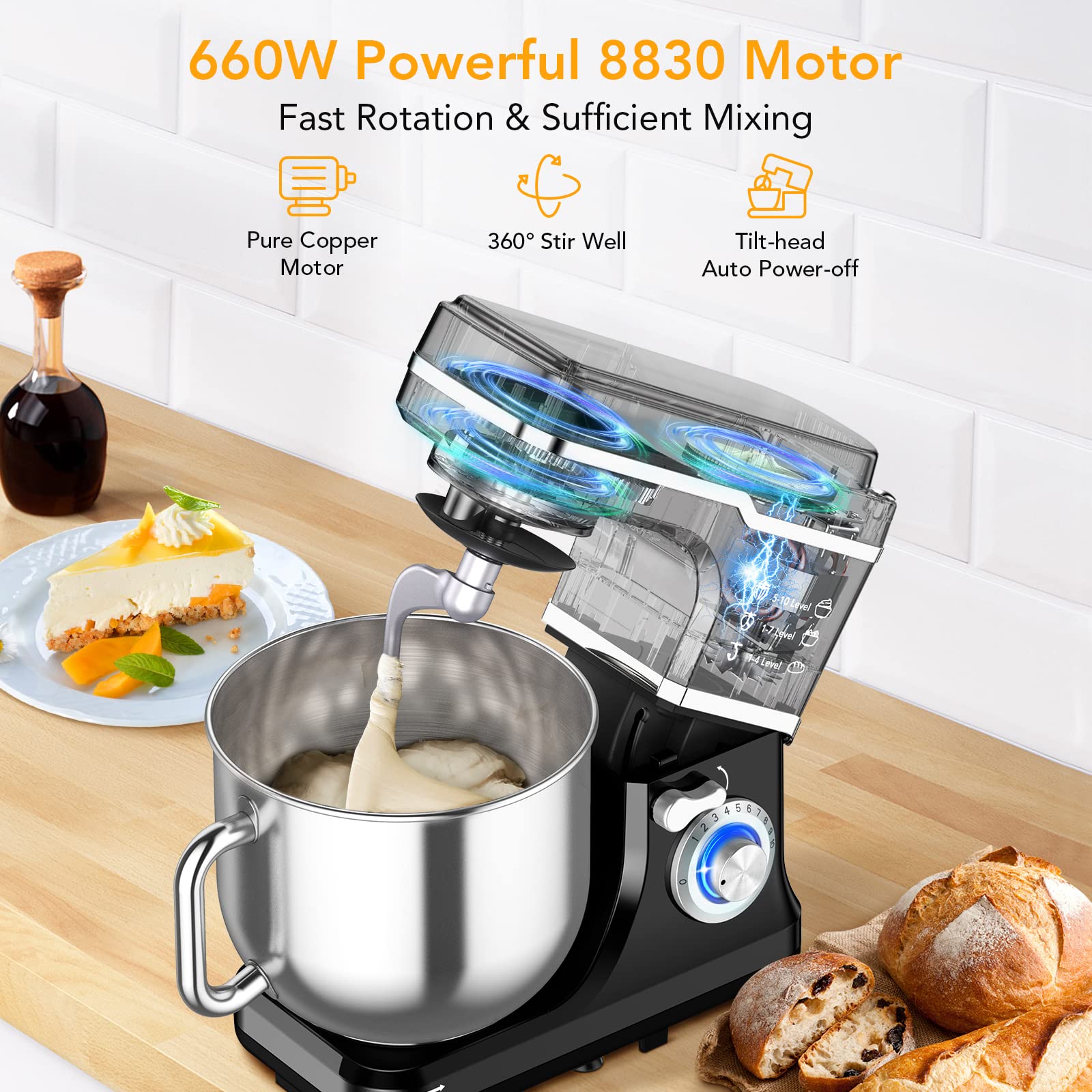 7.5QT Professional Stand Mixer - 10-Speed Tilt-Head Electric Kitchen Mixer with Stainless Steel Bowl, Dough Hook, Whisk & Beater - 300W Powerful Motor for Baking Cakes, Cookies & Bread (Black, Model MC1) - Perfect for Home Bakers & Professional Kitchens