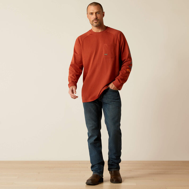 Rebar Cotton Strong Graphic T-Shirt Long Sleeve - Burnt Henna/Baritone Blue | Durable Casual Wear for Men, Street Style Fashion, Everyday Comfort