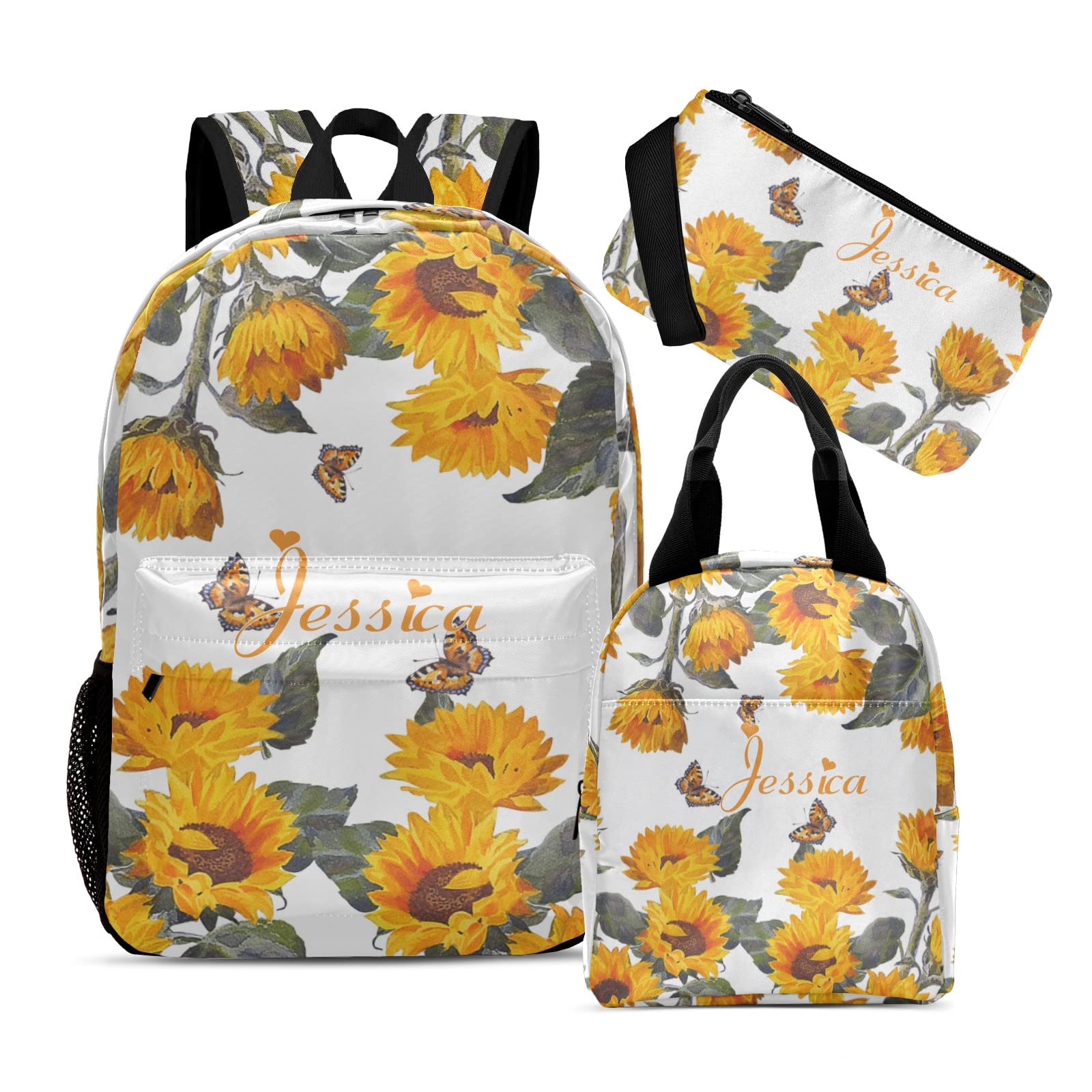 Custom Personalized Yellow Floral Butterfly Backpack Set with Name - Multifunctional 3-Piece Backpack Combo (Casual Backpack + Lunch Bag + Pencil Case) for School, Travel, and Everyday Use