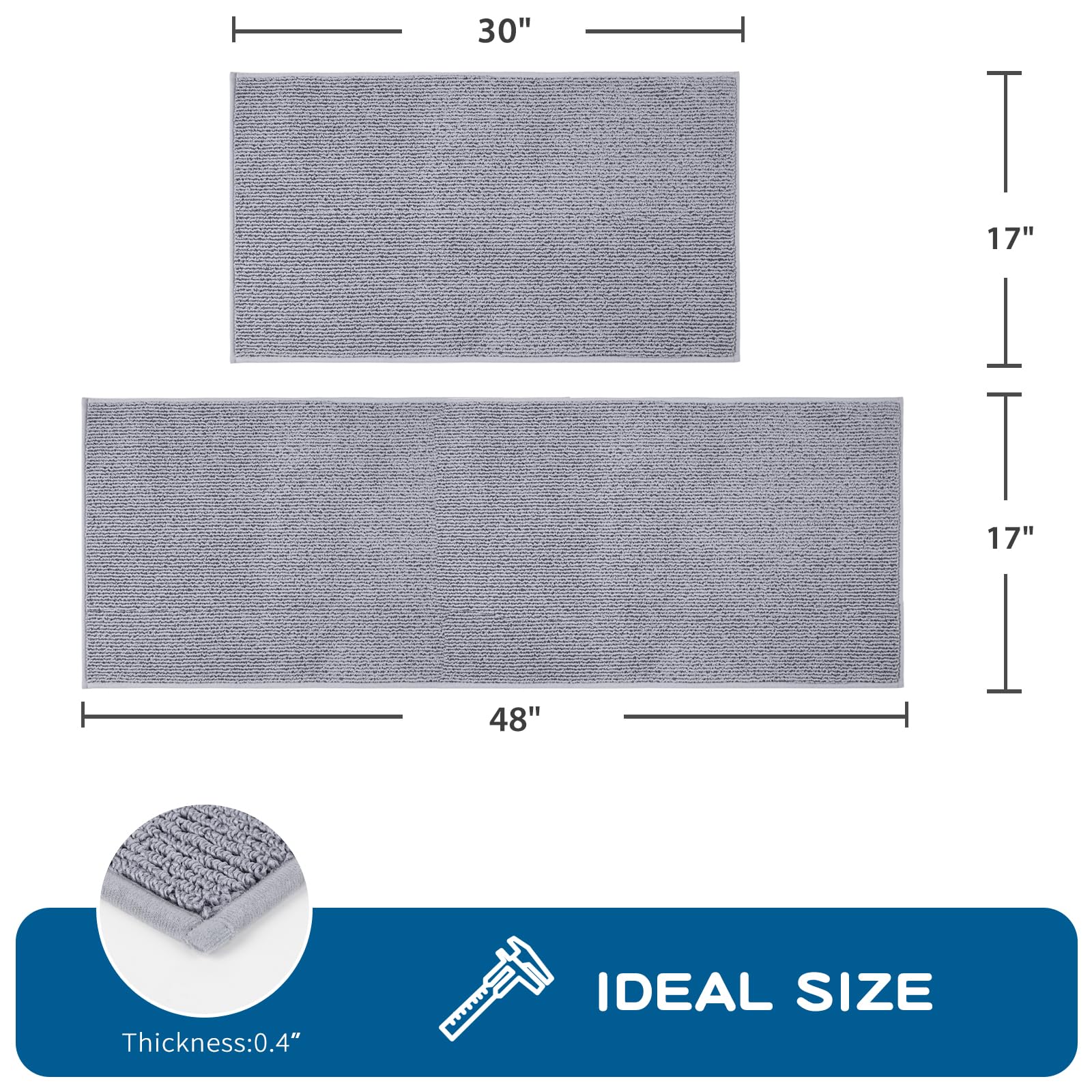 PURRUGS Machine Washable Non-Slip Kitchen Rugs Set of 2 (17x30 + 17x48 Inch) - Super Absorbent Anti-Skid Floor Mats for Sink, Laundry & High Traffic Areas - Soft Grey Runner Rugs for Home & Kitchen Decor