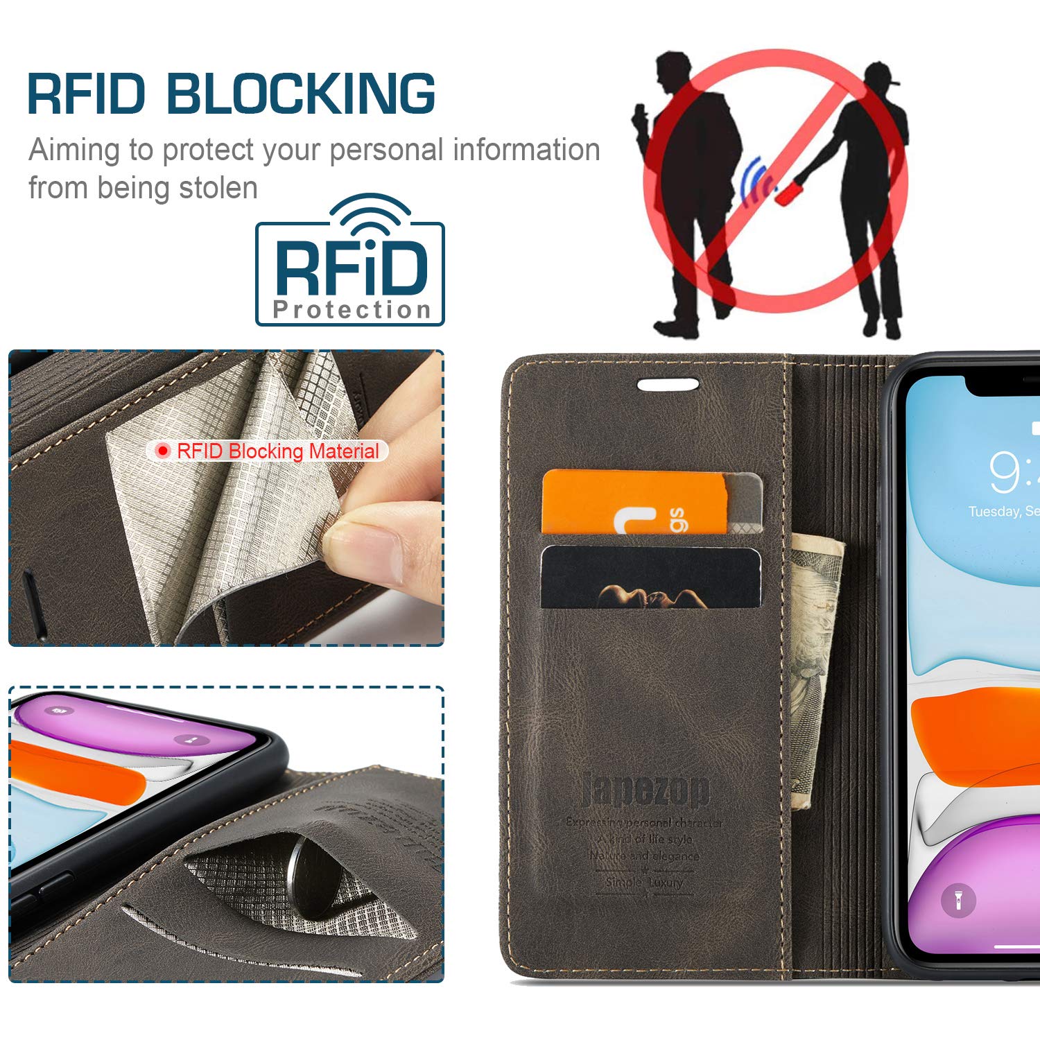 Japezop RFID Blocking Leather Wallet Case for iPhone 11 (6.1 Inch) - Flip Cover with Card Holder & Kickstand, Compatible with iPhone 11 - Perfect for Daily Use, Travel, and Secure Contactless Payments (Coffee)