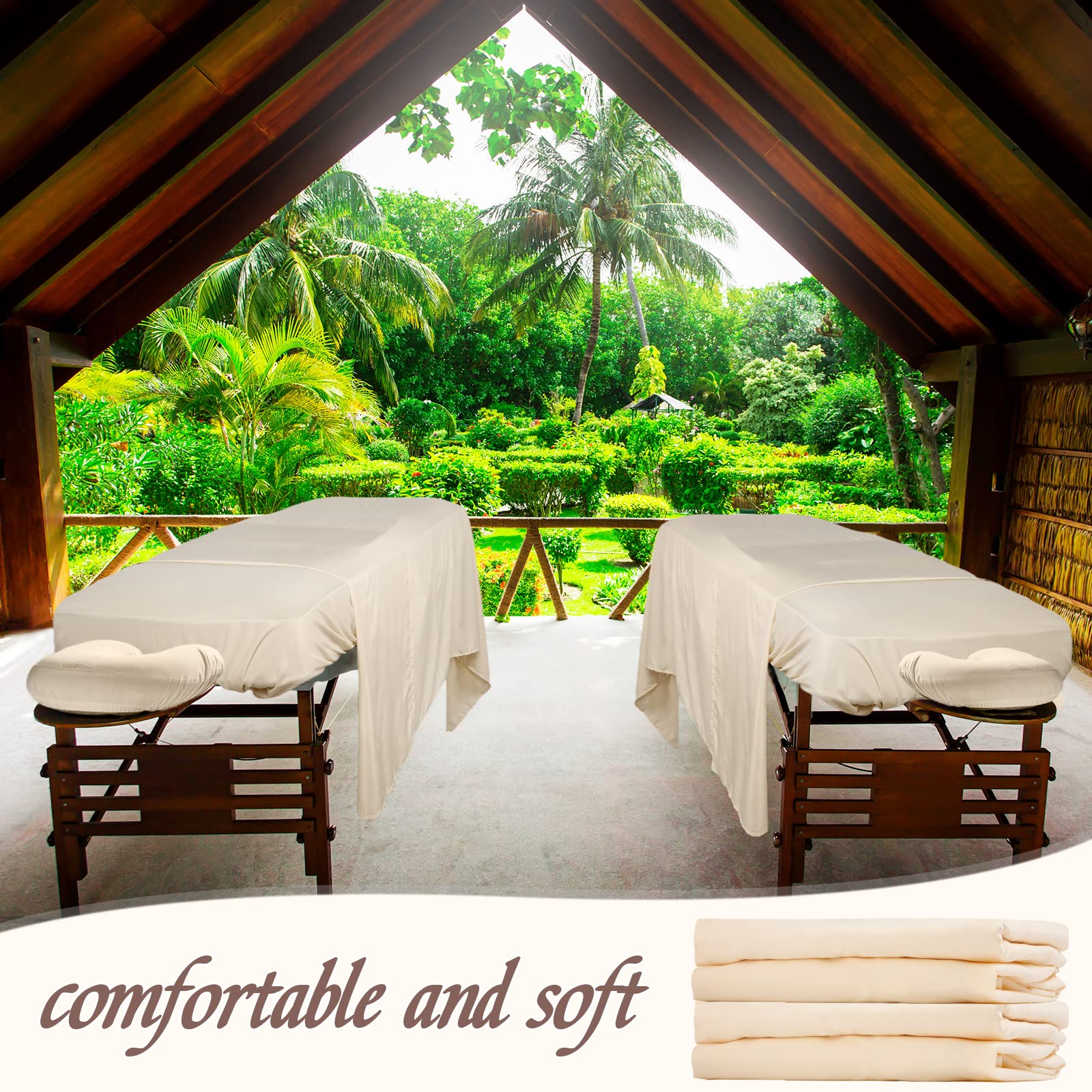 Oudain 4-Pack 3-Piece Soft Microfiber Massage Table Sheet Set - Includes Flat Sheet, Fitted Sheet & Face Rest Cover (Beige) | Professional Spa, Massage Therapy & Salon Essentials