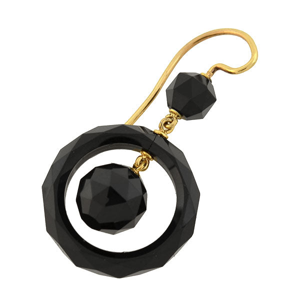 Victorian Style 14K Gold Faceted Onyx Ball & Ring Drop Earrings - Elegant Vintage Jewelry for Weddings, Parties & Special Occasions