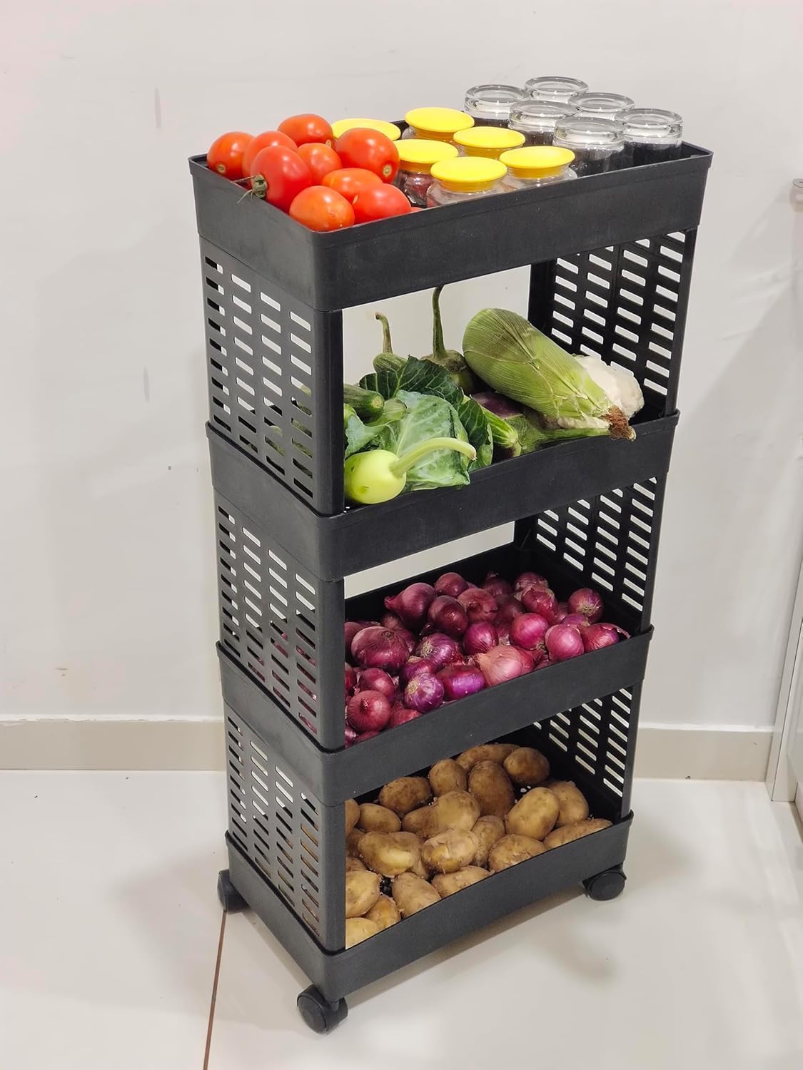 4-Tier Plastic Corner Shelf Organizer - Multipurpose Kitchen Storage Rack for Dishes, Spices & More - Space-Saving Floor Mount Design (Black) - Perfect for Small Kitchens, Bathrooms & Pantries