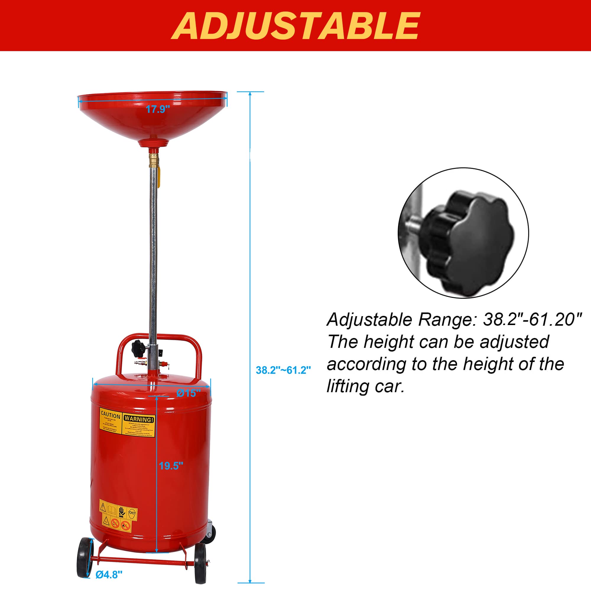 18 Gallon Oil Drain Tank with Hand Pump - Portable Pressurized Air Operated Fluid Drain Container for Car, SUV & Truck Oil Changes - Adjustable Funnel Height & Dolly Wheels (Red) - Perfect for Auto Shops, Home Garages & Quick Lube Stations