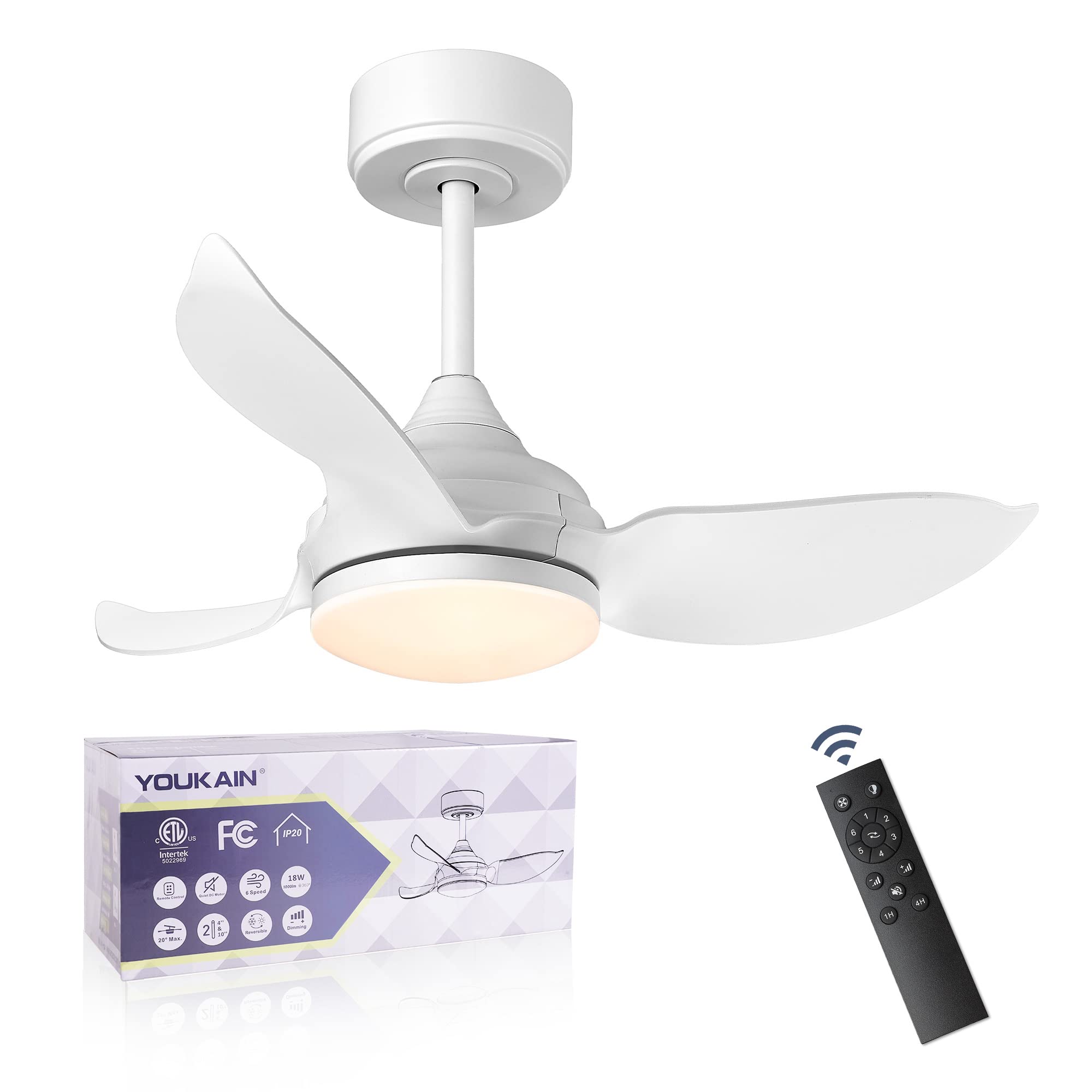 YOUKAIN 30 Inch Small Ceiling Fan with Lights and Remote Control, LED Indoor Outdoor Ceiling Fan with 3 Reversible Blades - White (30-YJ652-WH) - Perfect for Bedroom, Kitchen, Patio, Living Room and Office Spaces