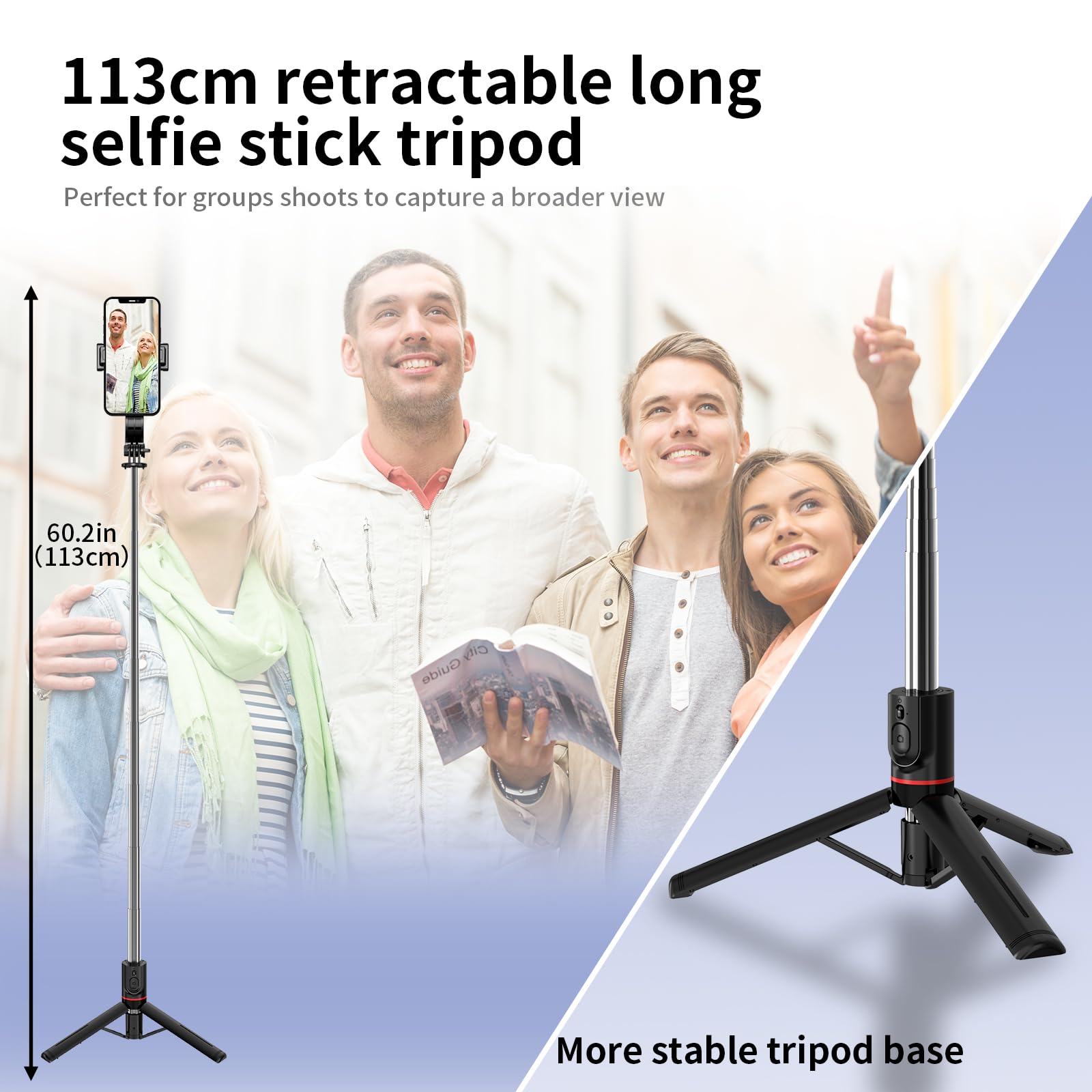 44'' Extendable Selfie Stick Tripod with Wireless Remote - 360° Rotatable & Detachable Phone Holder - Lightweight Portable for iPhone, Samsung Android Phones - Perfect for Travel, Vlogging, Group Photos & Live Streaming