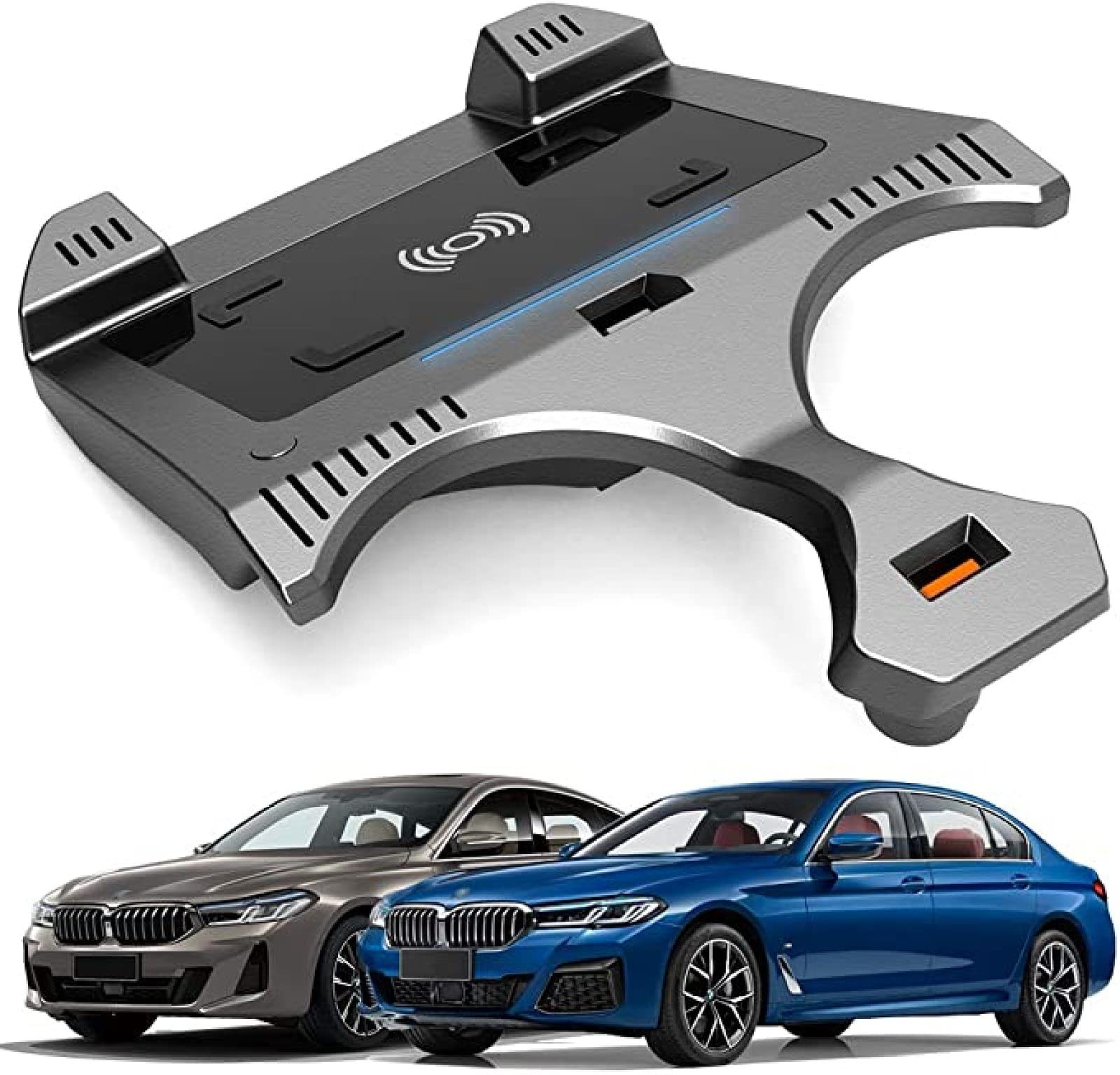 BM 5 Series 2018-2021 Wireless Car Charger with QC3.0 USB Port & 15W Qi Fast Charging - Center Console Accessory Panel for iPhone 11/Pro/Max/XS/XR/X & Samsung S20/S10/S9 - Perfect for Commuting & Road Trips