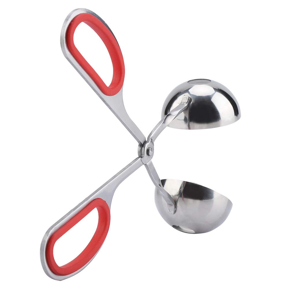 Non-Stick Stainless Steel Meatball Scoop & Ice Tongs - Rice Ball Maker, Cookie Scoop with Anti-Slip Rubber Handle (Red) - Perfect for Cooking, Baking, and Serving Meatballs, Ice Cubes, Cookies