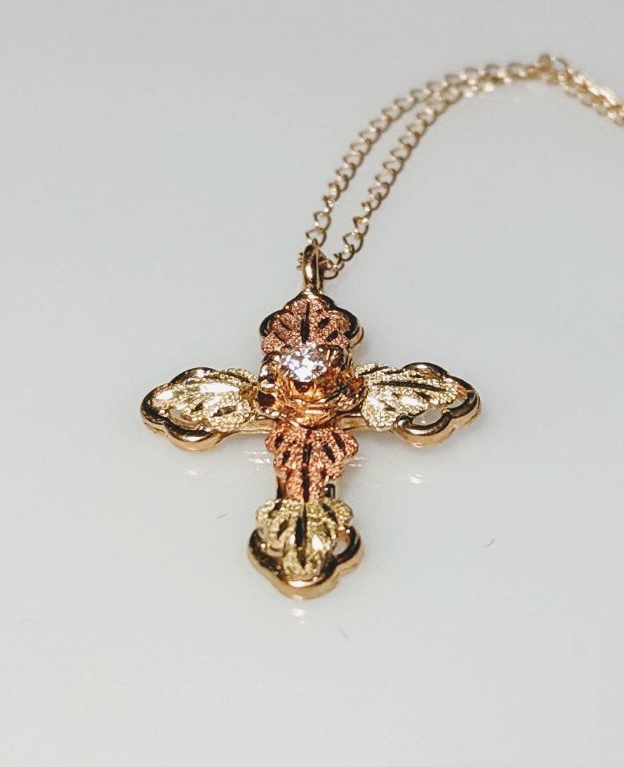 10kt Solid Gold Three-Tone Five-Leaf Cross Pendant with Natural Diamond Accent & Red/Green Enamel Leaves - Includes 18