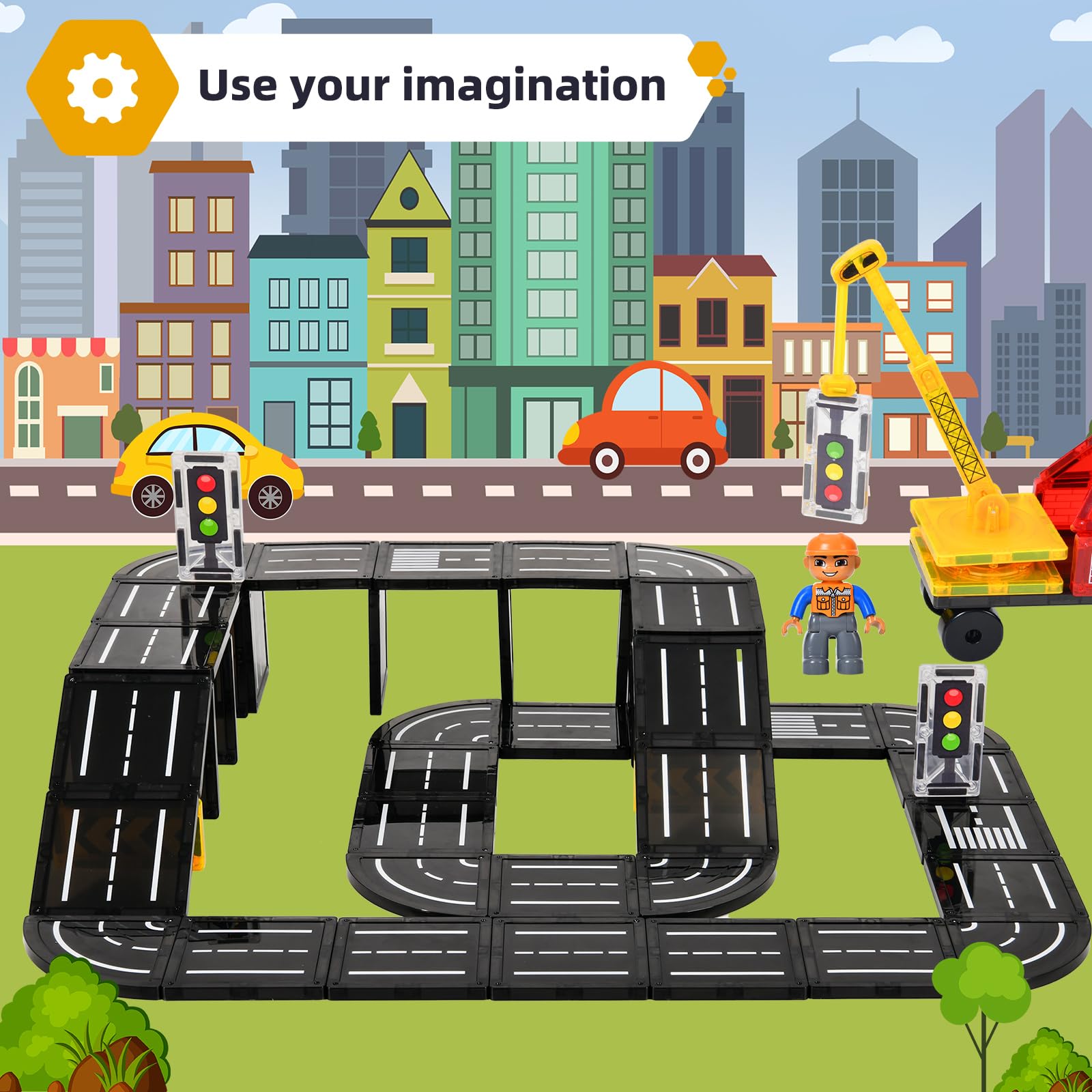 Magnetic Tiles Road Expansion Pack - 100+ Piece Magnetic Building Blocks Construction Set for Kids Ages 3+ | STEM Learning Toys for Boys & Girls | Montessori Educational Toys for Toddlers | Perfect for Classroom, Playroom & Birthday Gifts
