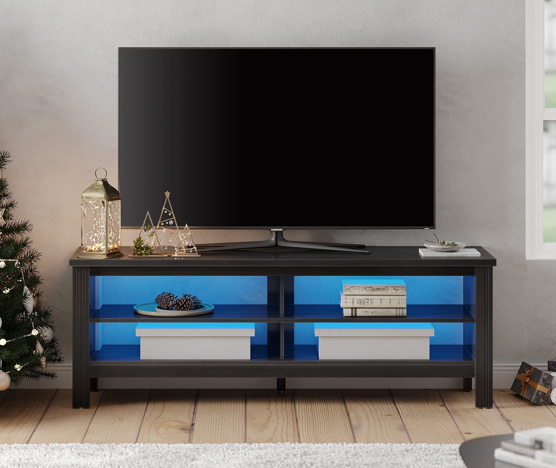 FITUEYES 65 Inch TV Stand with LED Lights, Entertainment Center with 4 Storage Cubby - Modern TV Console Table for Living Room & Bedroom (60