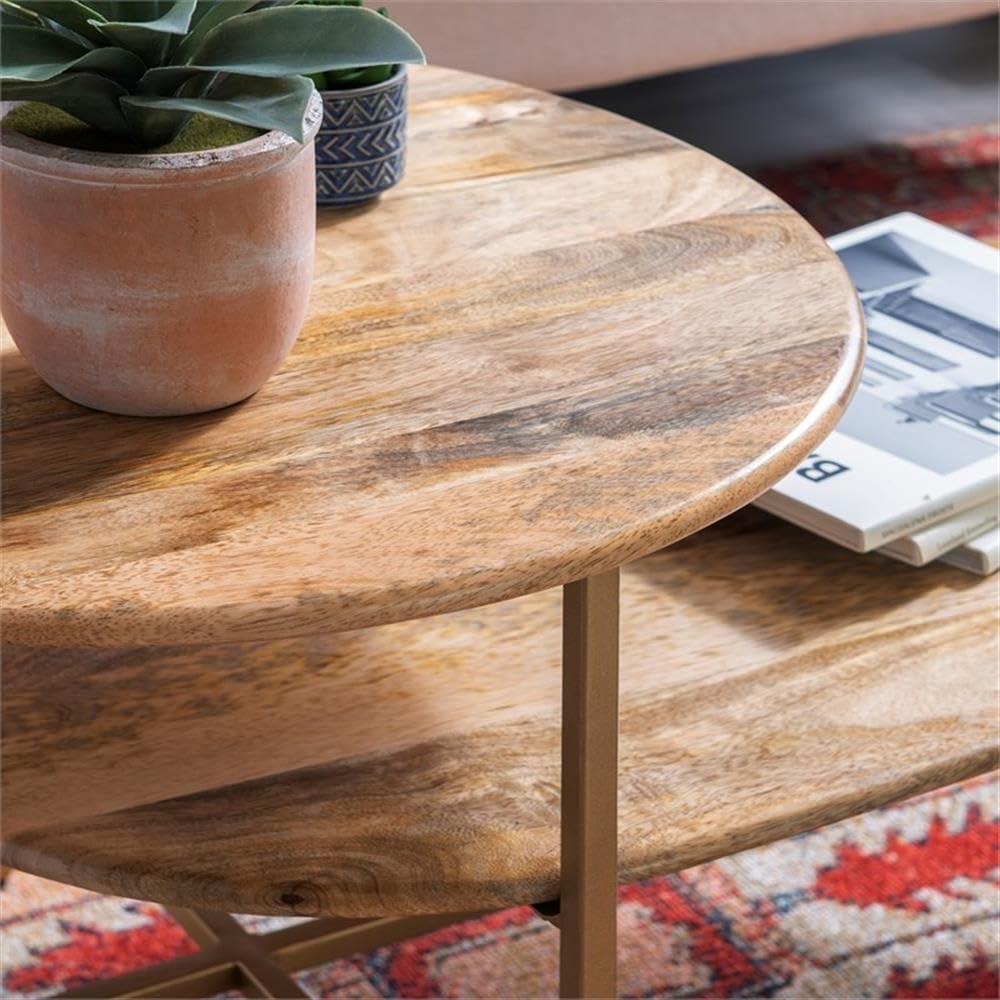 Powell Furniture Linon Devyn Two-Tier Wood & Metal Coffee Table - Natural & Gold Finish - Perfect for Living Room, Lounge & Home Decor