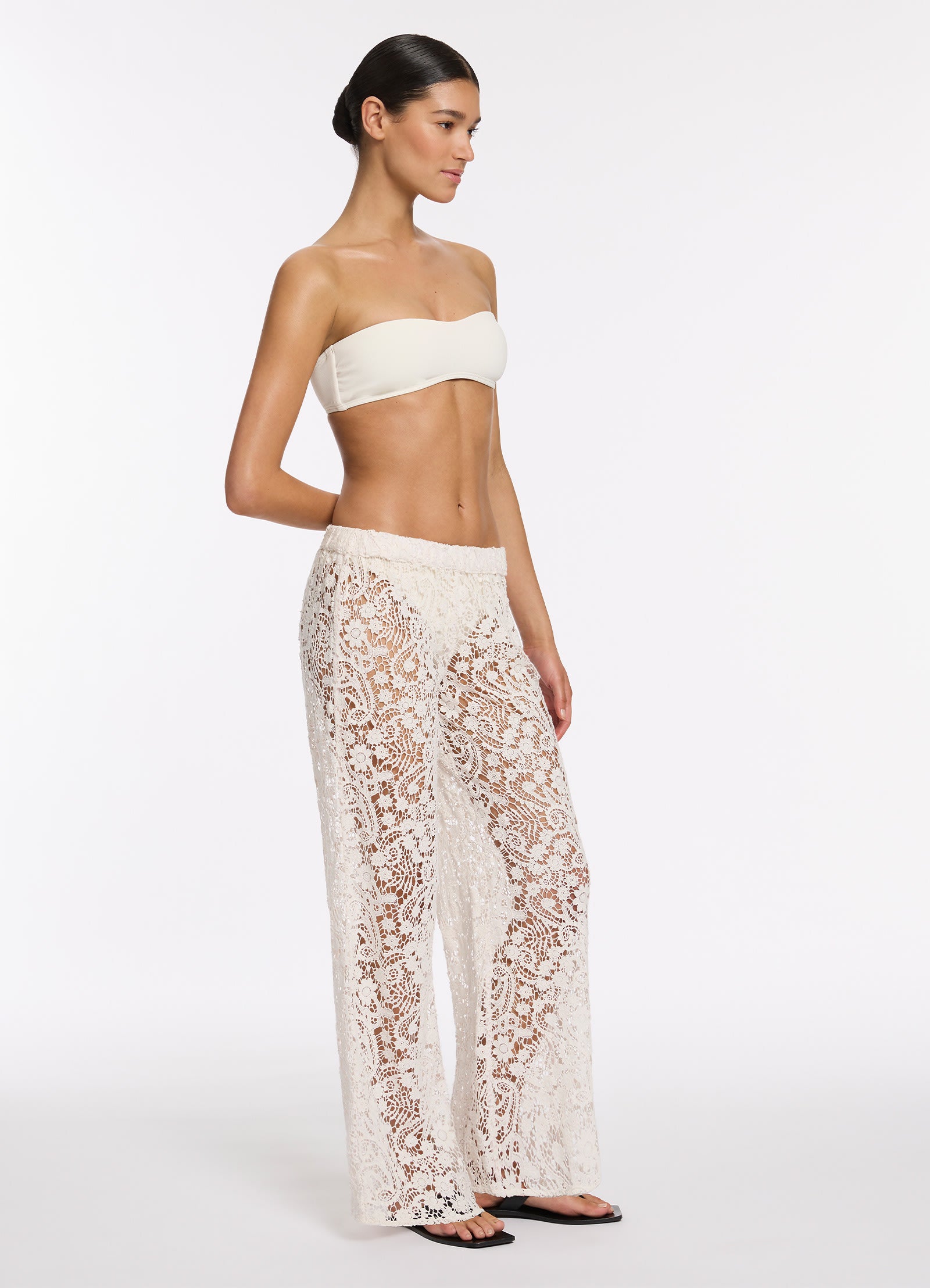 Velana Lace Wide Leg Pants for Women - Soft Cream High Waisted Palazzo Trousers - Elegant Boho Chic Lounge Pants for Casual Wear, Office, and Special Occasions