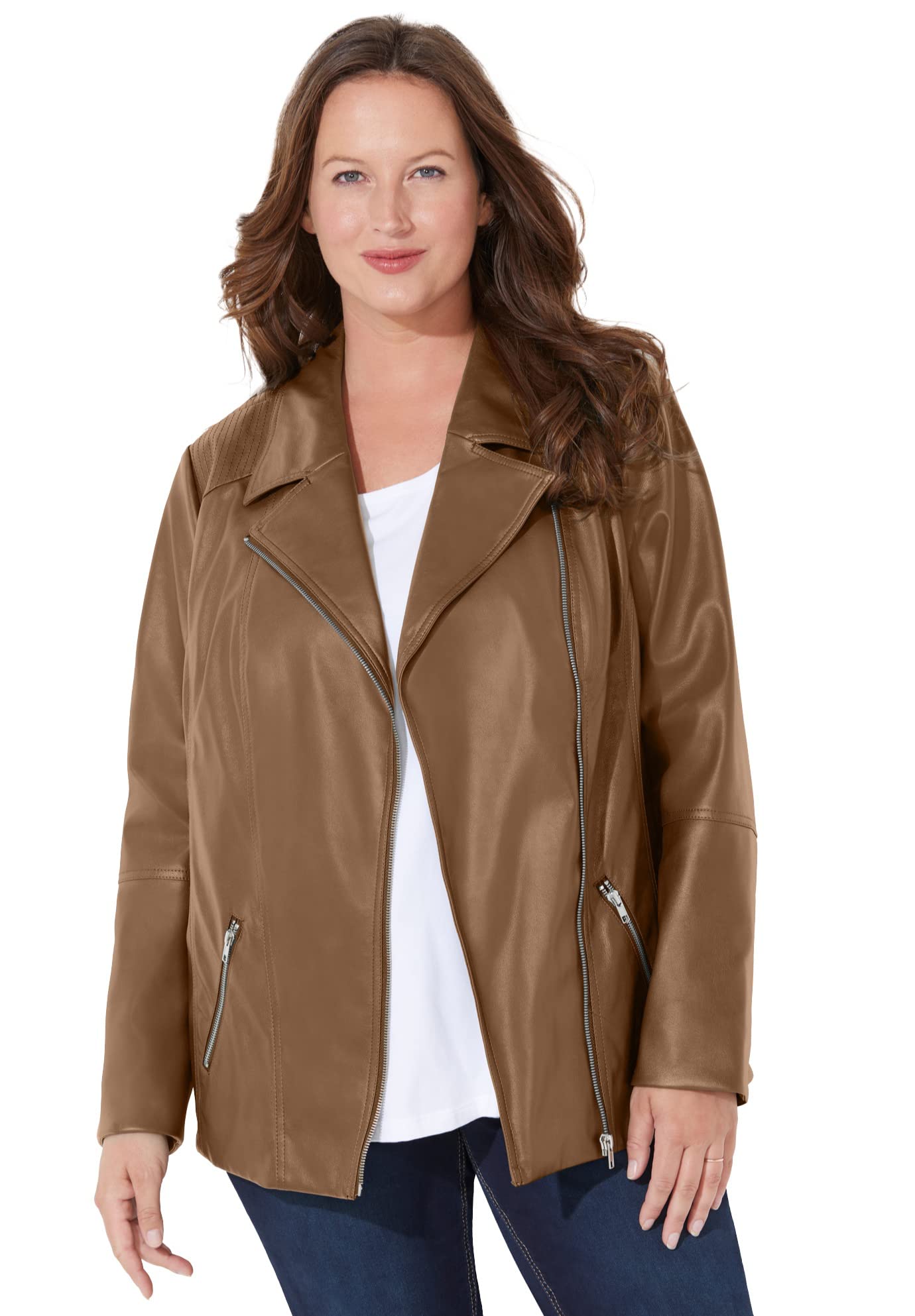 Women's Plus Size Petite Faux Leather Moto Jacket for Women | Stylish Vegan Leather Biker Jacket for Casual Outfits & Night Out