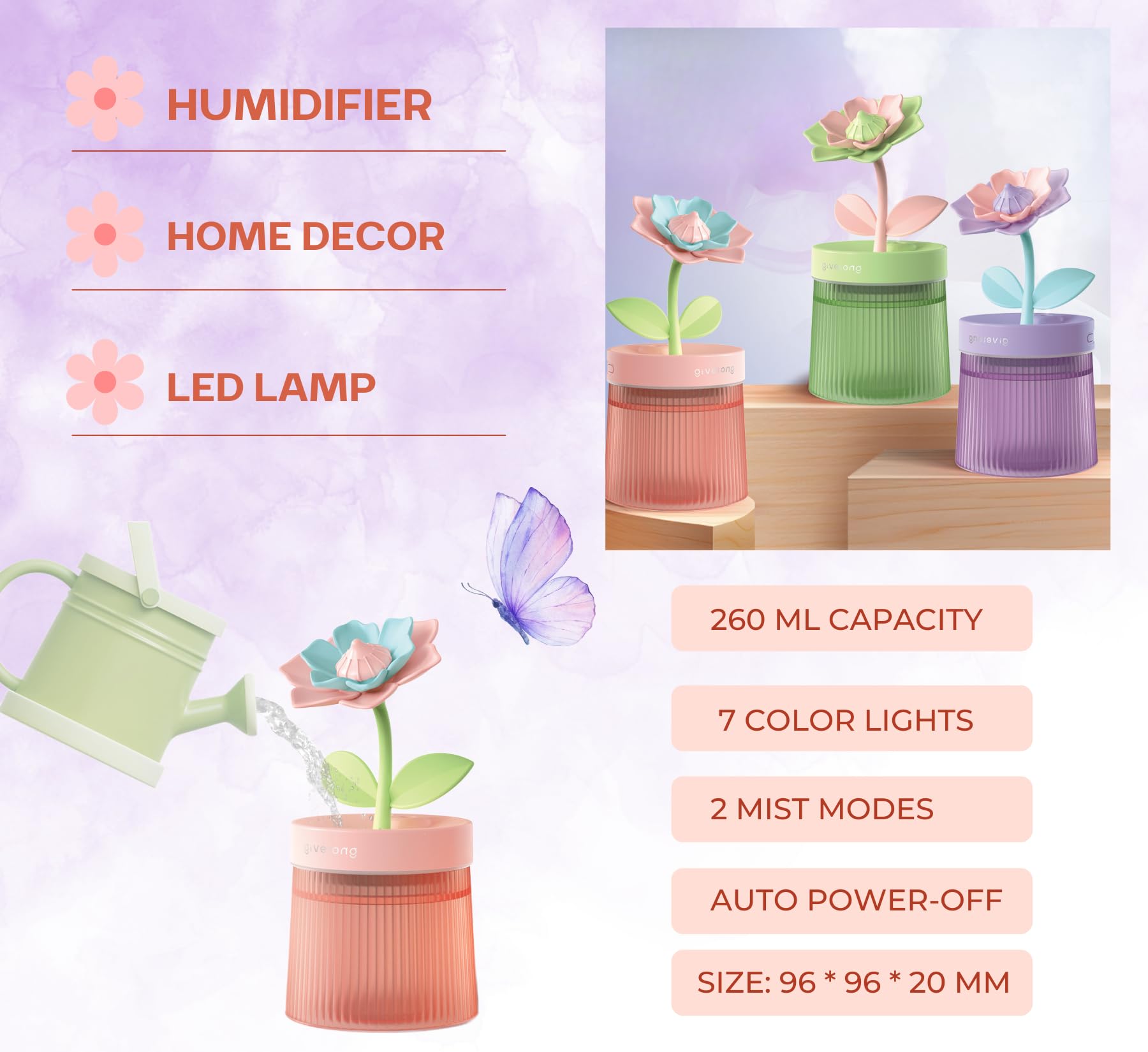 Ultrasonic Cool Mist Mini Humidifier for Bedroom - USB Powered Portable Air Humidifier with Night Light & Auto Shut-Off | Quiet Operation for Home, Office, Nursery, Travel, Plants & Baby Care | Perfect for Dry Air Relief & Better Sleep (Purple)