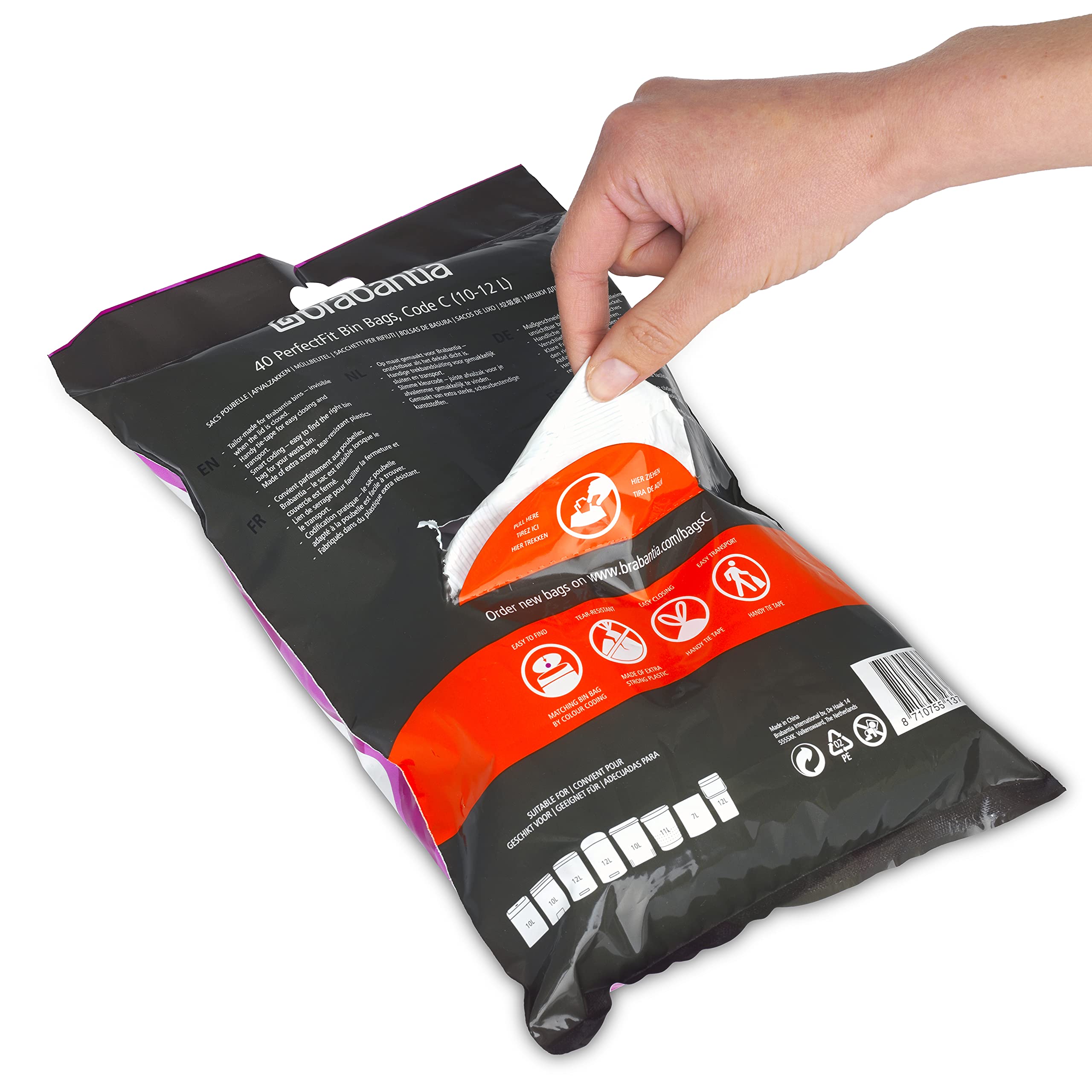 Brabantia PerfectFit Trash Bags Size C (2.6-3.2 Gallon) - Thick Plastic Trash Can Liners with Drawstring Handles - 40 Count - Ideal for Kitchen, Bathroom & Office Waste Bins