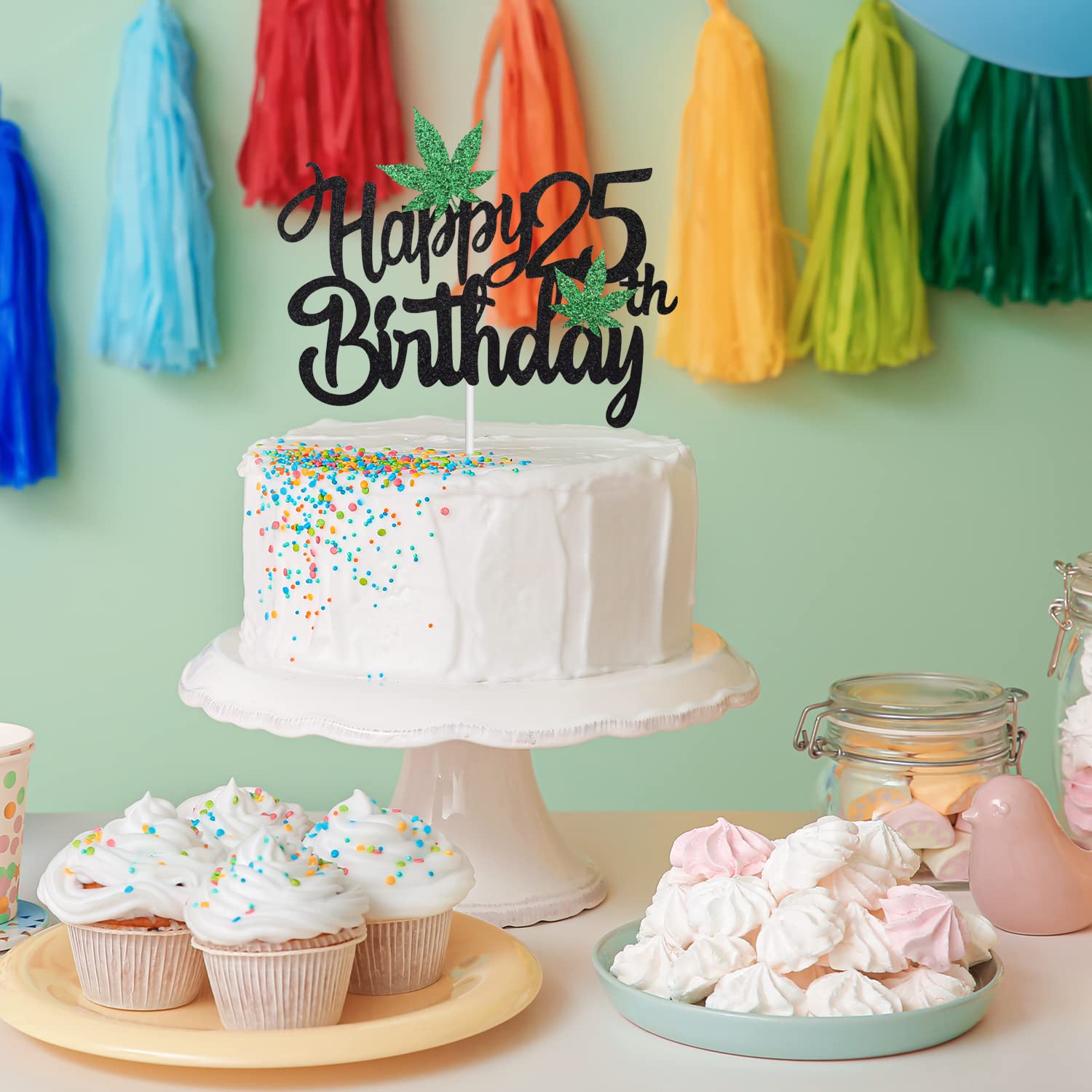 25th Birthday Cake Topper with Pot Leaf Design - Glitter Weed Leaf Marijuana Cake Decor for 420 Party - Perfect for Stoner Birthday Celebrations & Cannabis-Themed Events