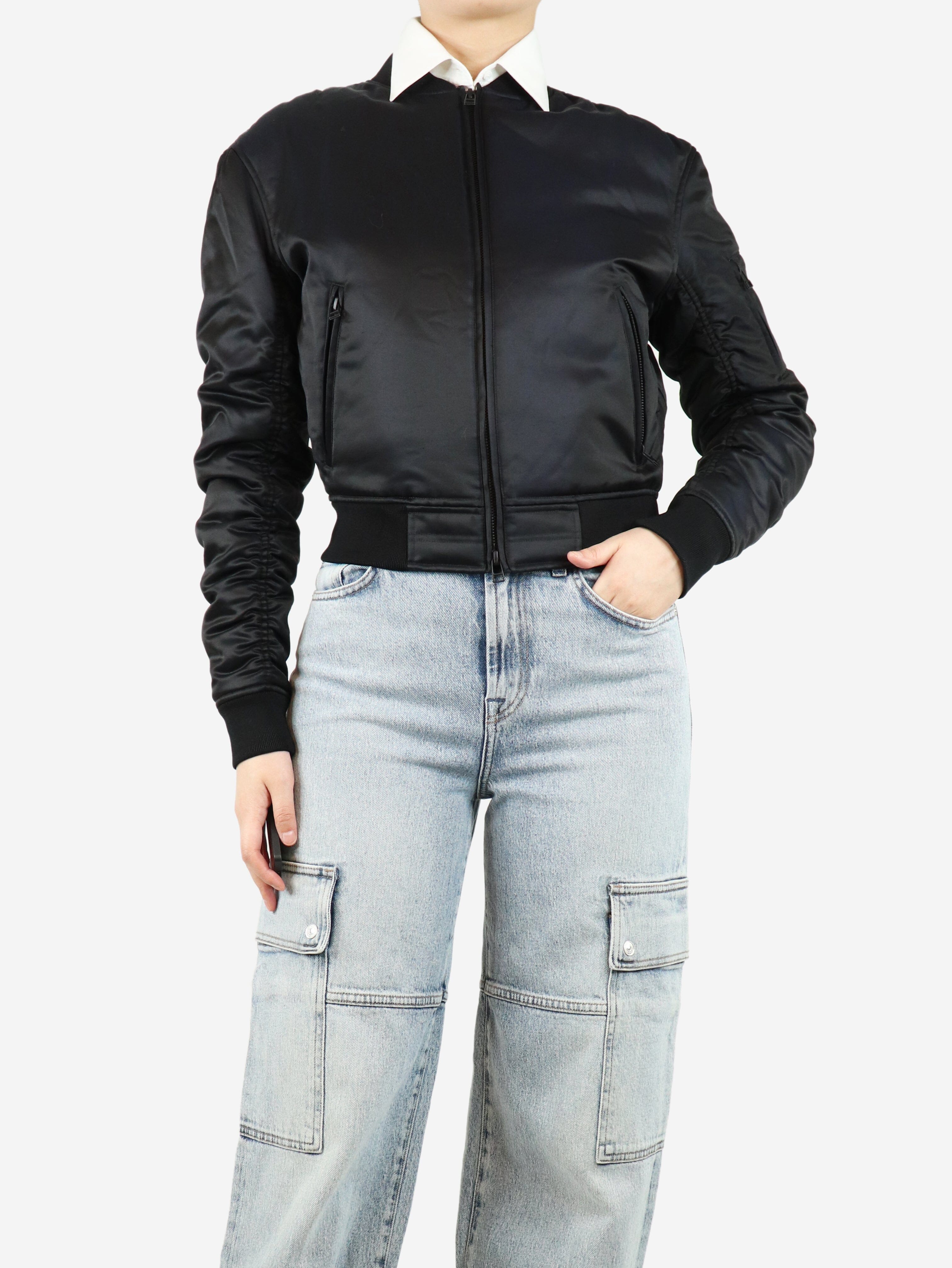 Black Cropped Bomber Jacket - Size S | Stylish Women's Outerwear for Casual & Streetwear Fashion