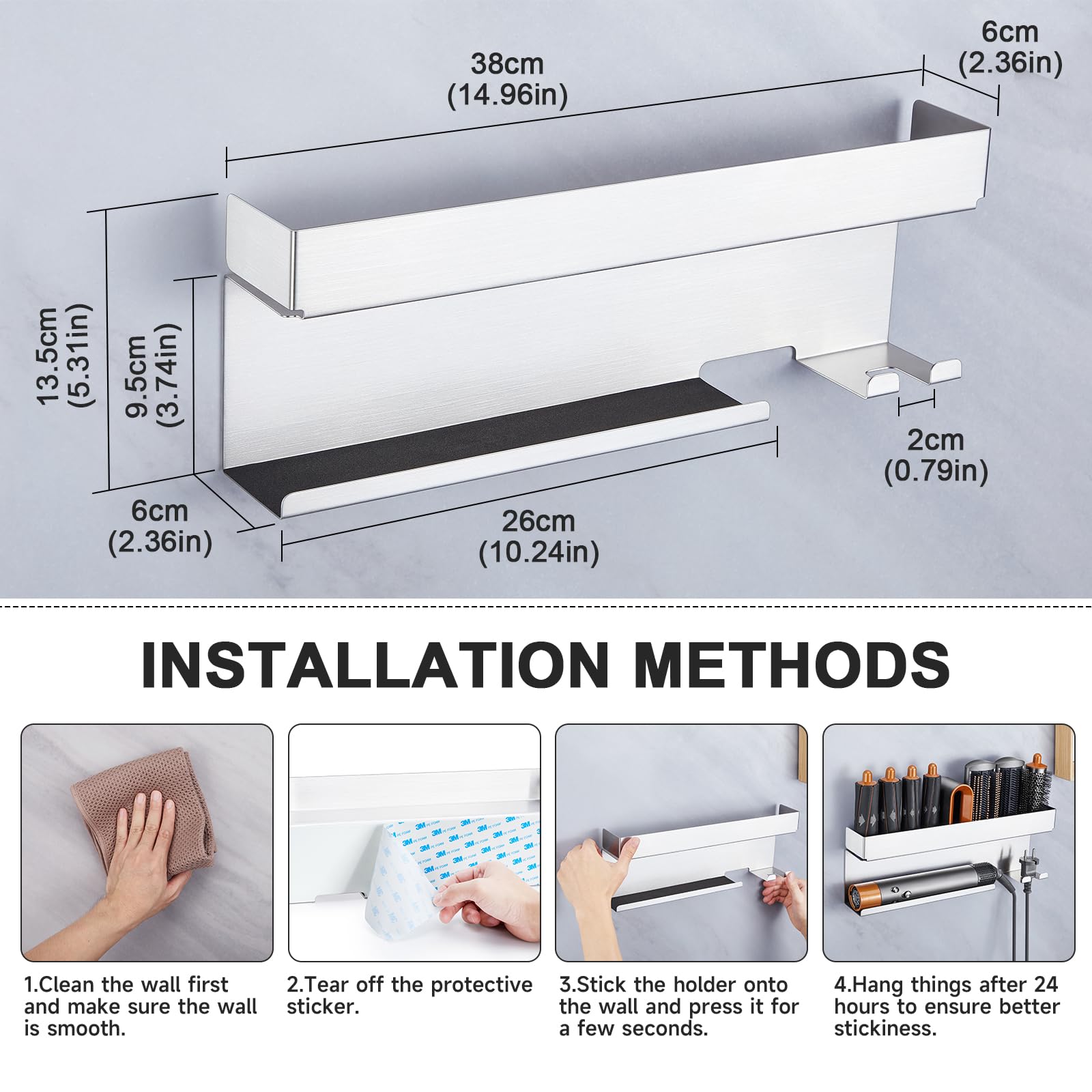 Stainless Steel Wall Mount Hair Tool Organizer - Hair Dryer Holder & Curling Iron Wand Accessories Storage for Bathroom | Perfect for Styler Attachments, Hair Straightener & Beauty Tools Organization