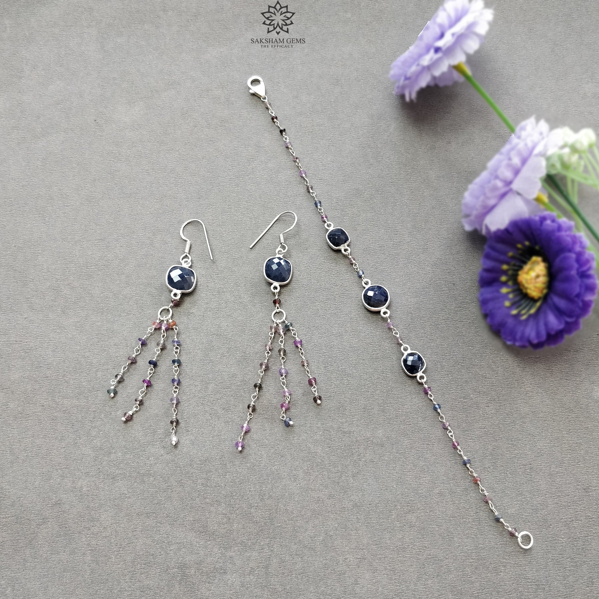 Blue & Multi Sapphire Gemstone 925 Sterling Silver Jewelry Set - 8.61g Natural Untreated Beaded Bracelet & Drop Dangle Earrings | Perfect for Weddings, Parties & Special Occasions