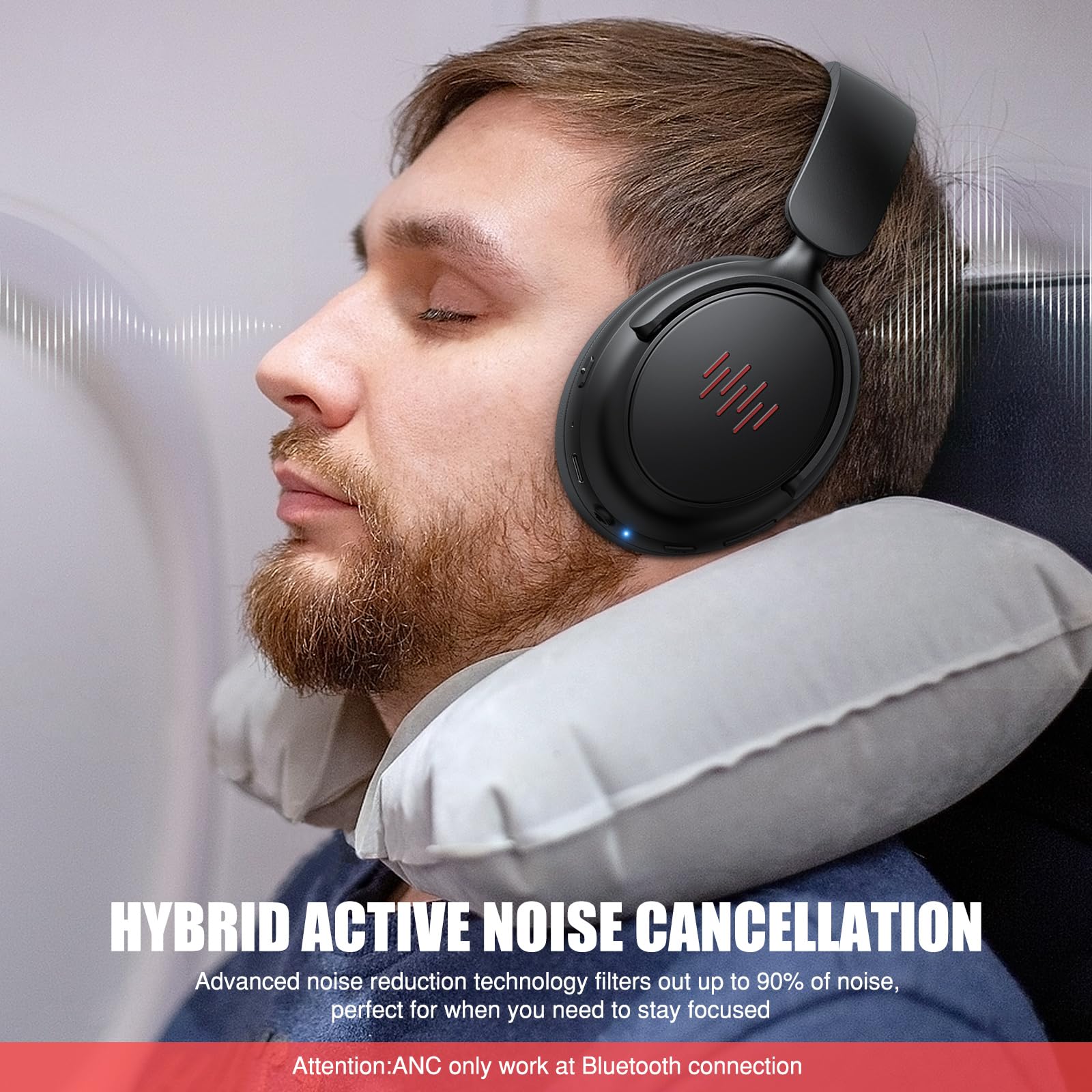 Premium Hybrid Active Noise Cancelling Wireless Headphones with Deep Bass - Bluetooth Over Ear Headset with Built-in Mic, Foldable Lightweight Design for iPhone 16 Pro Max & Galaxy S24 - Perfect for Travel, Home Office & Commuting