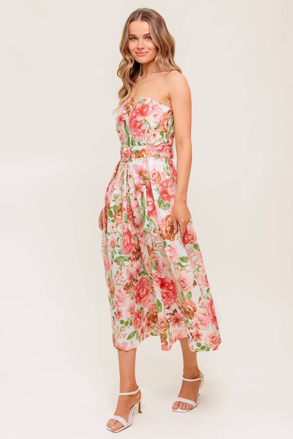 Strapless Midi Dress Pink Floral - Women's Summer Party Cocktail Dress for Beach Wedding & Vacation