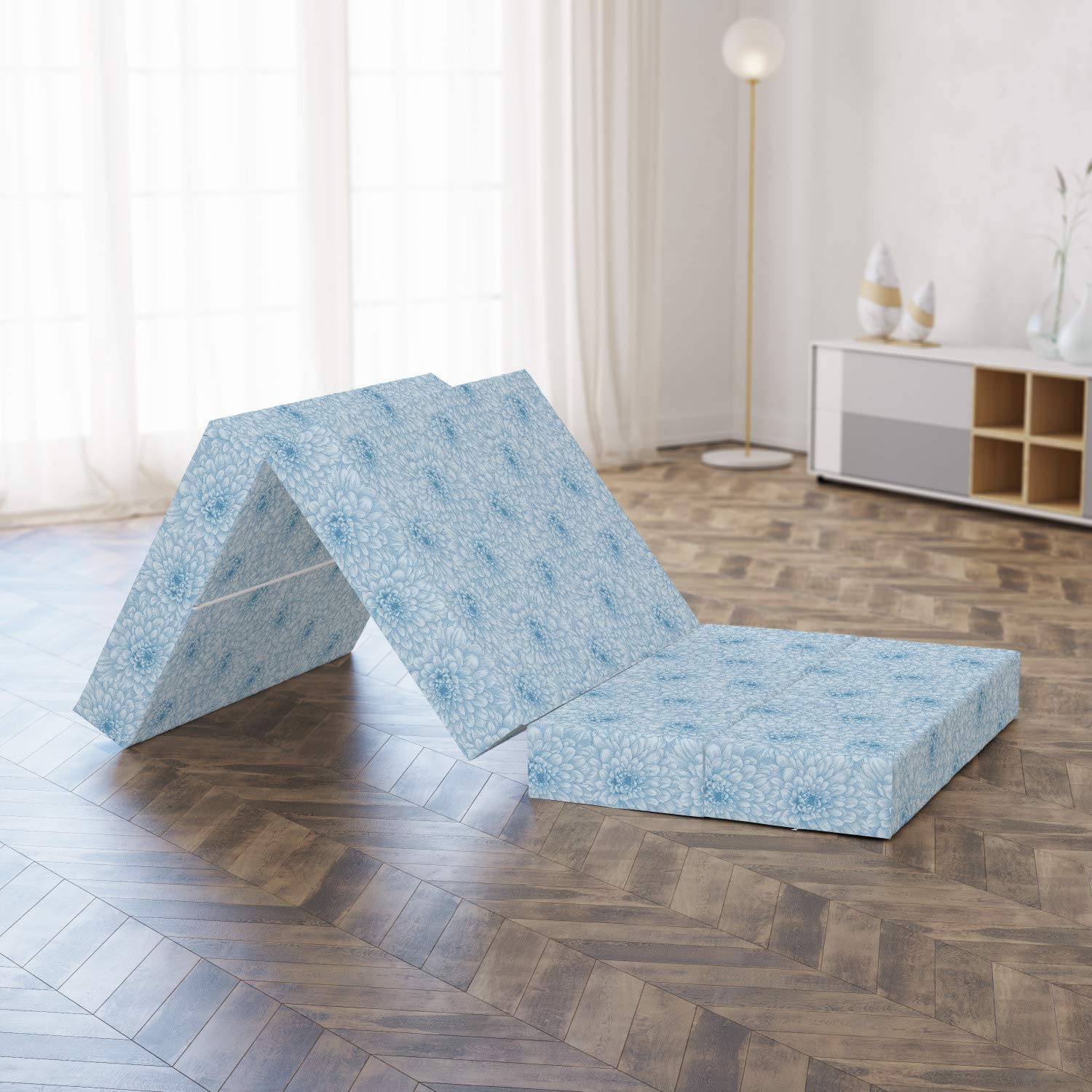 Ambesonne Blue Foldable Mattress - Blooming Romance Floral Design - 74.8